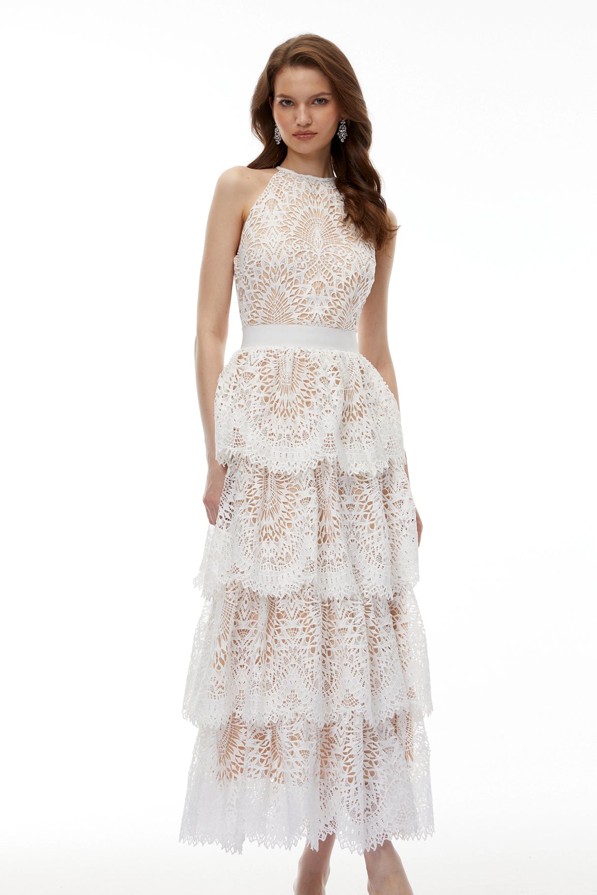 Jocaste White Halterneck Lace Maxi Dress