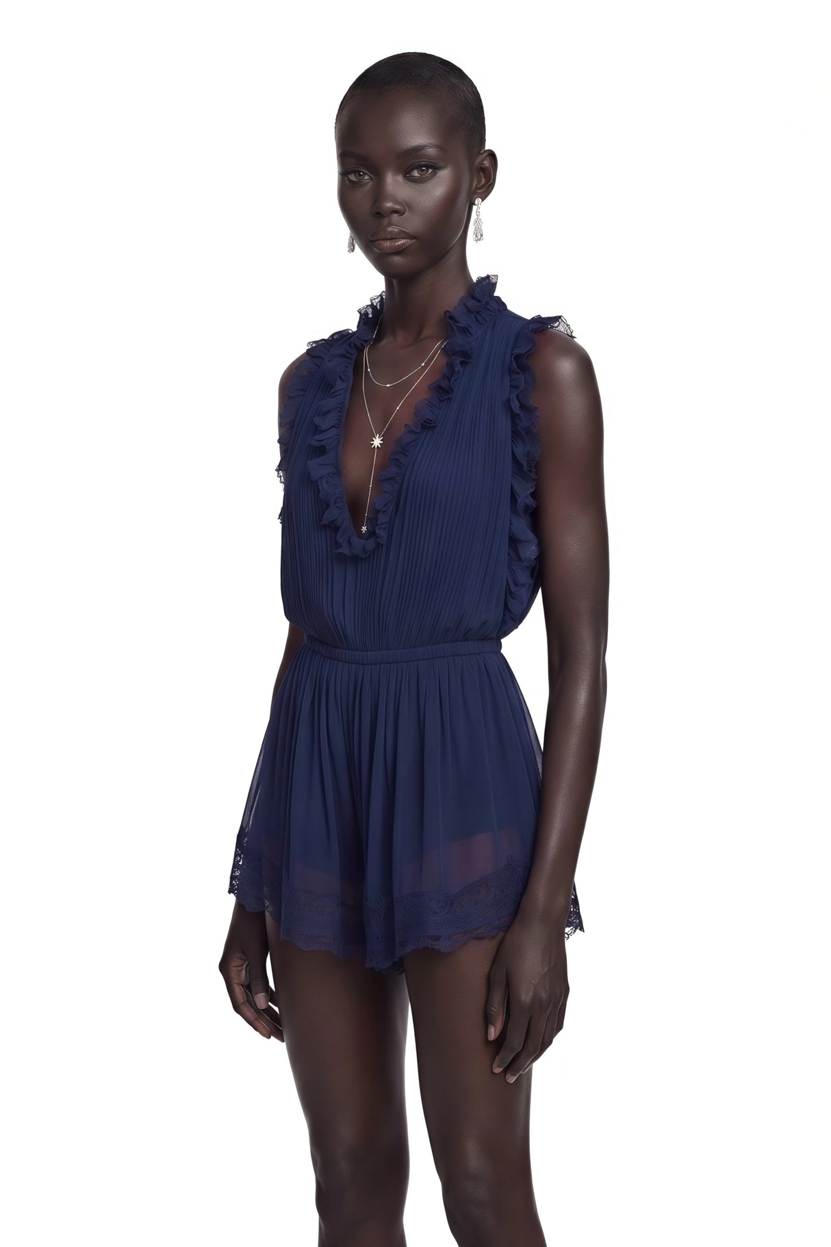 Jocelyn Navy Blue VNeck Lace Mini Dress with Ruffled Trim