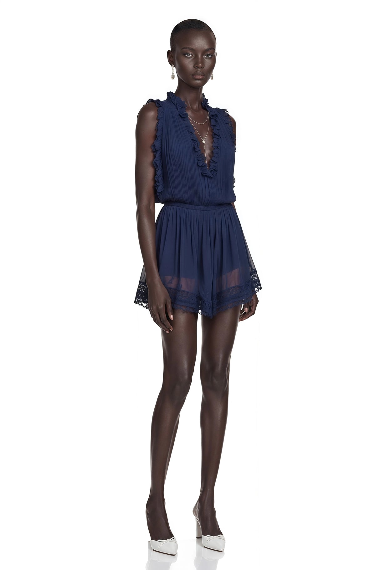 Jocelyn Navy Blue VNeck Lace Mini Dress with Ruffled Trim