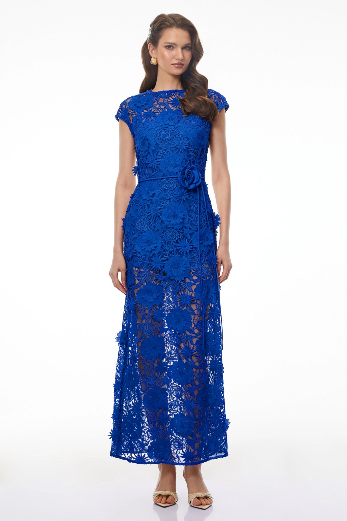 Jochebed Blue Floral Appliqué Maxi Dress with CutOuts
