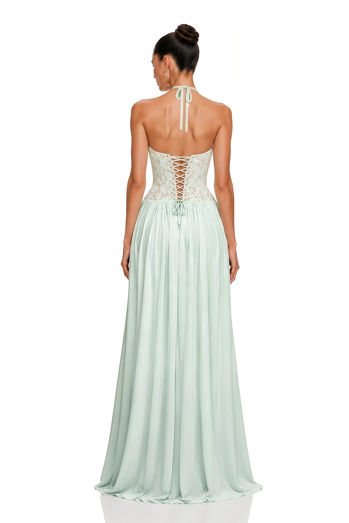 Joelle Mint Green Halterneck Lace Corset Maxi Dress