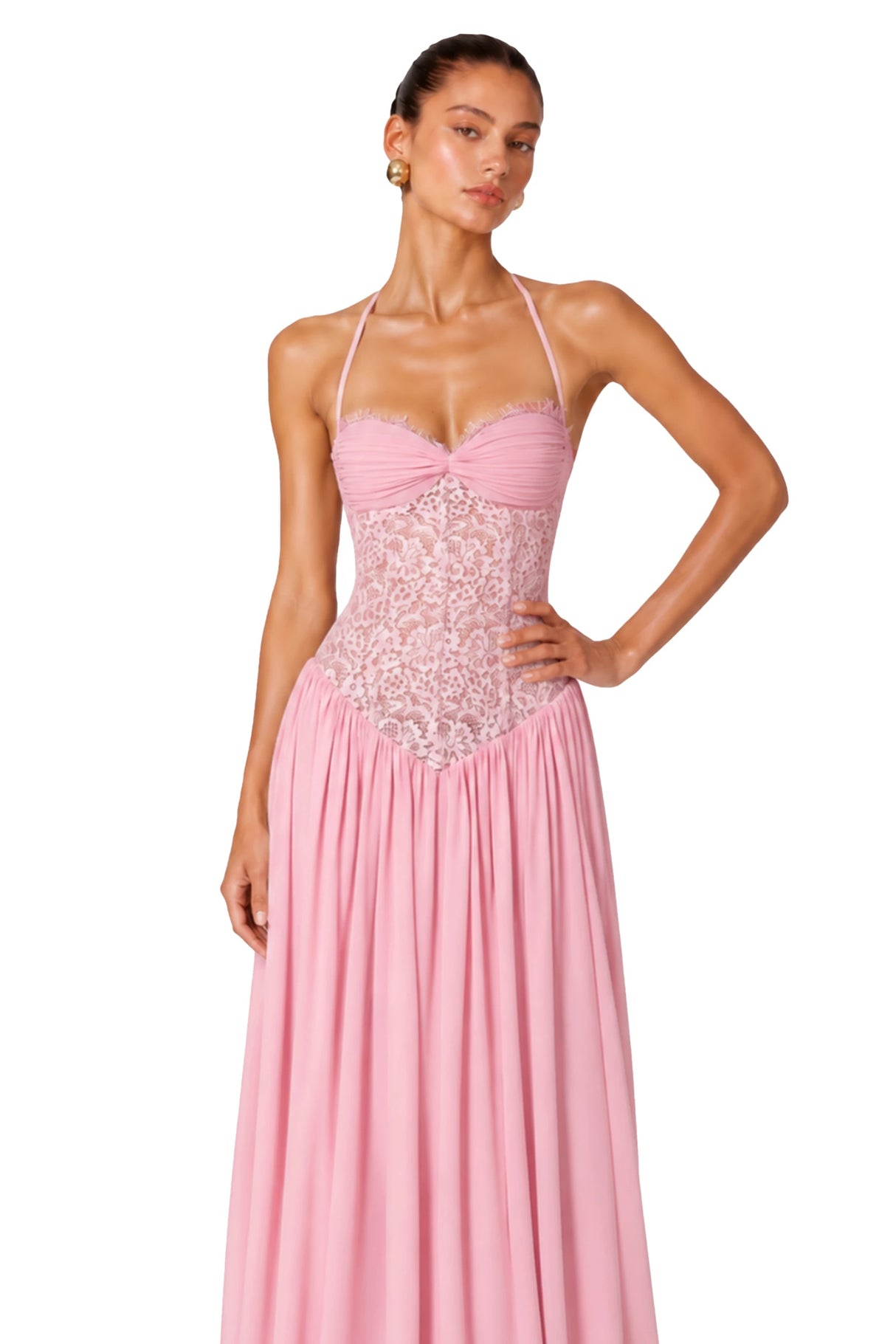 Joelle Pink Halterneck Lace Corset Maxi Dress