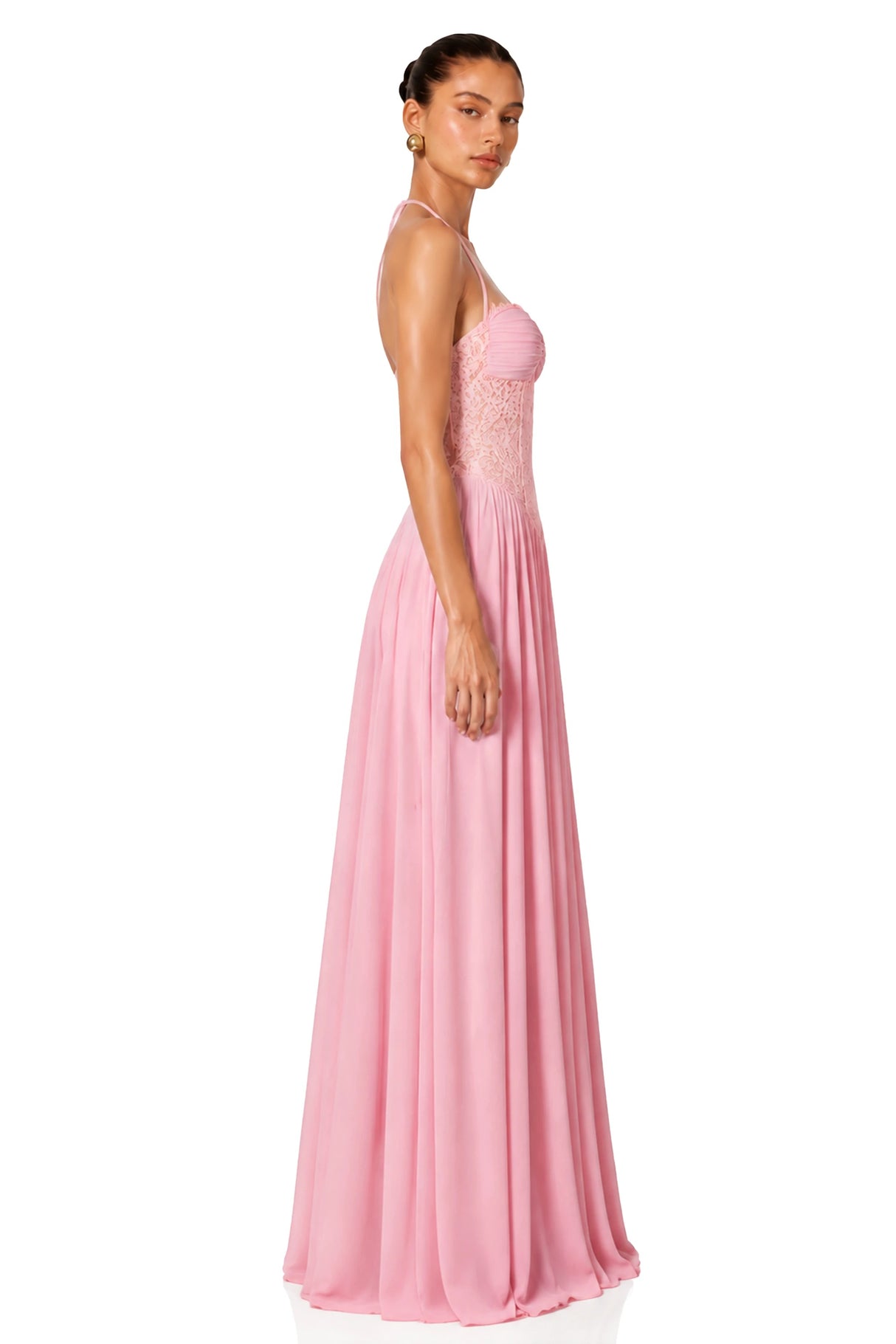 Joelle Pink Halterneck Lace Corset Maxi Dress