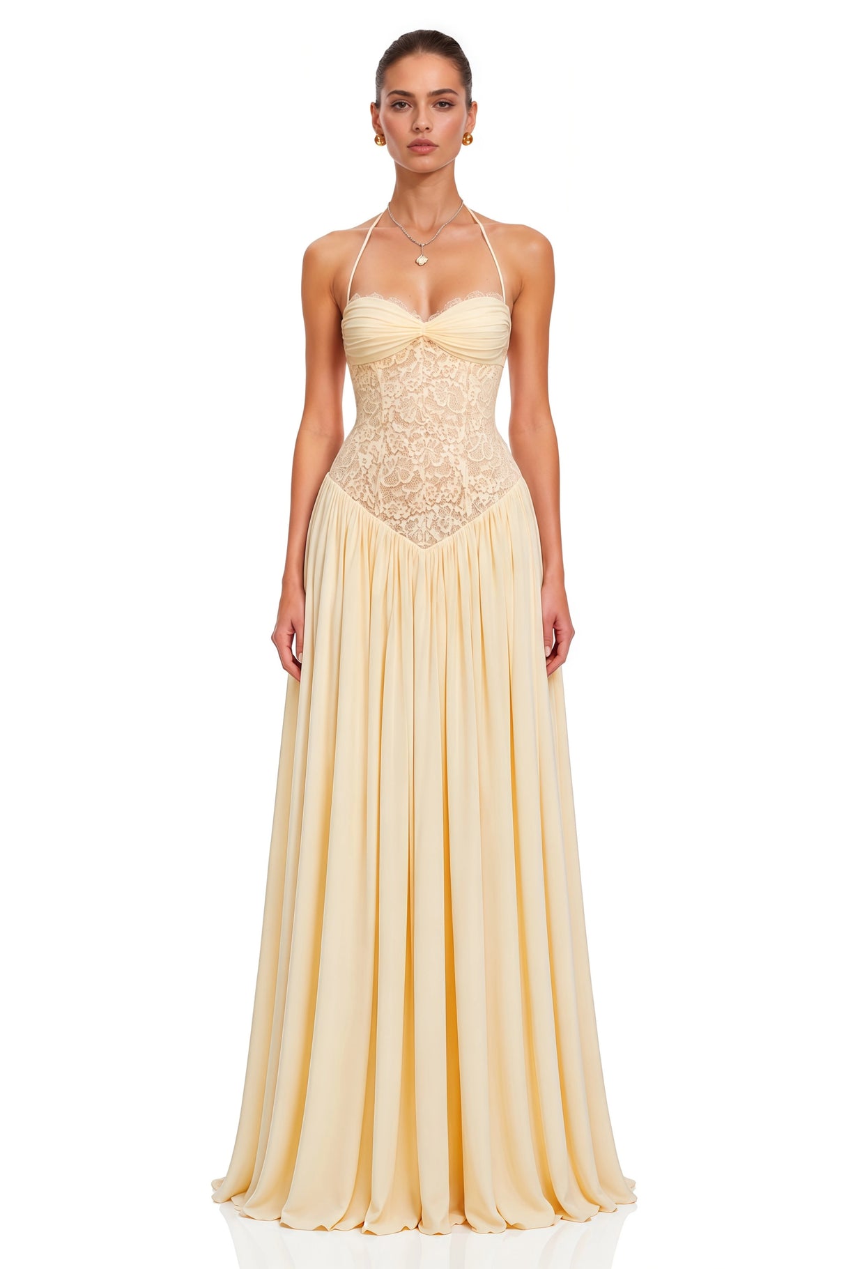 Joelle Yellow Halterneck Lace Corset Maxi Dress