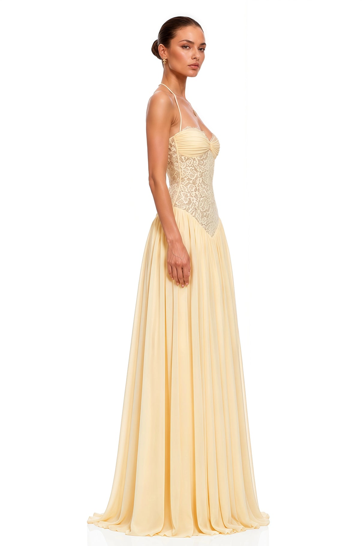 Joelle Yellow Halterneck Lace Corset Maxi Dress