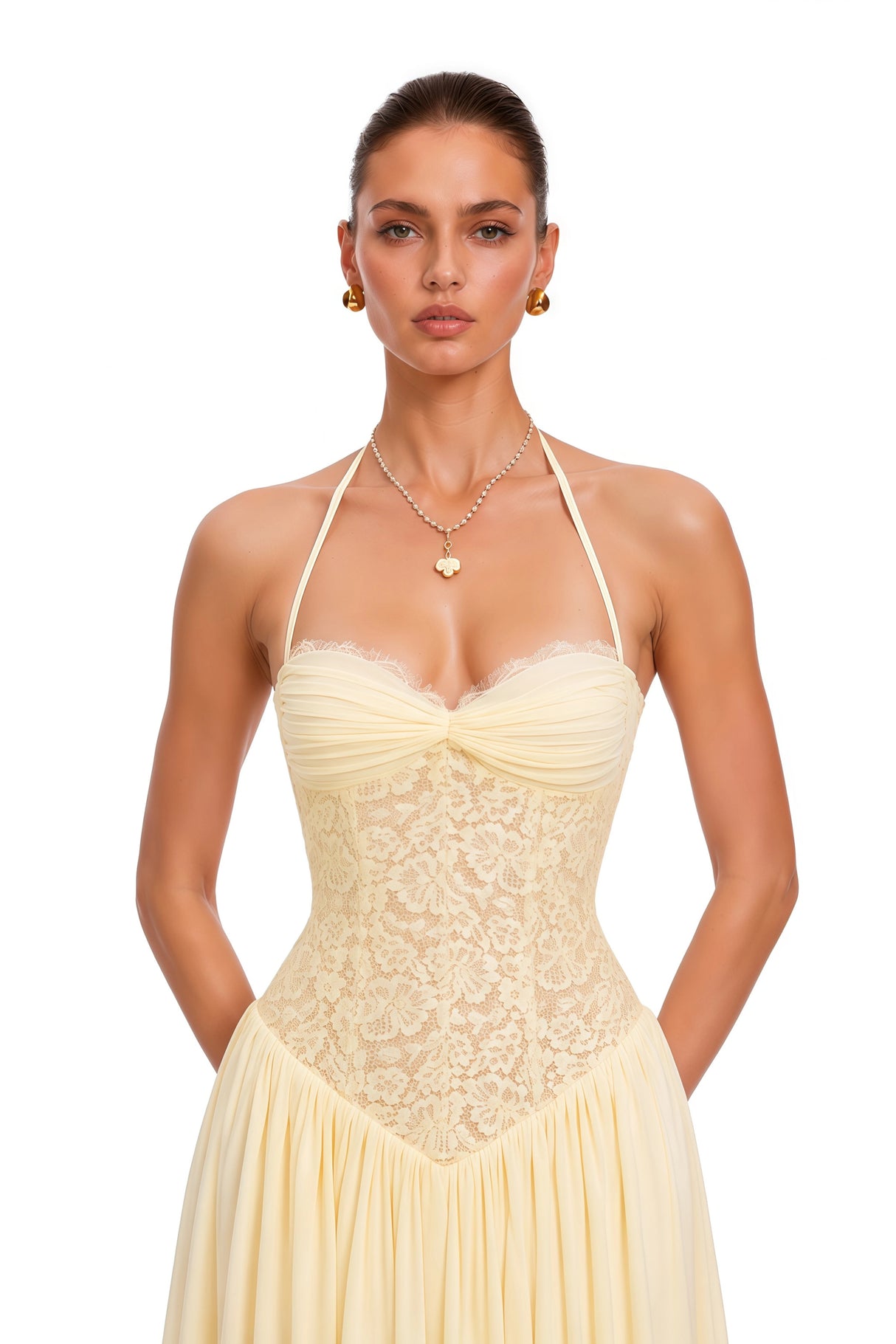 Joelle Yellow Halterneck Lace Corset Maxi Dress