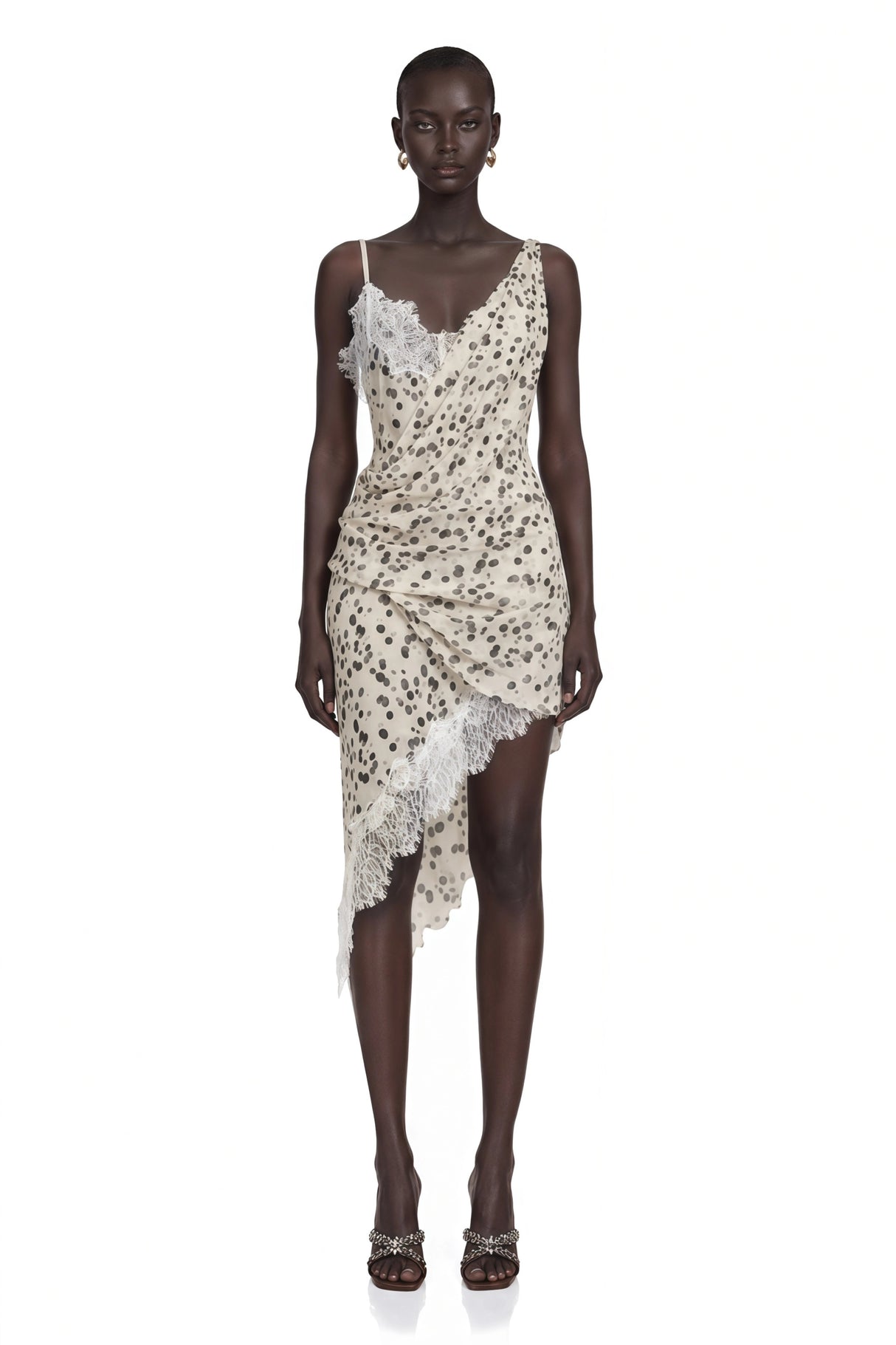 Jord White Polka Dot Mini Dress with Lace Panels