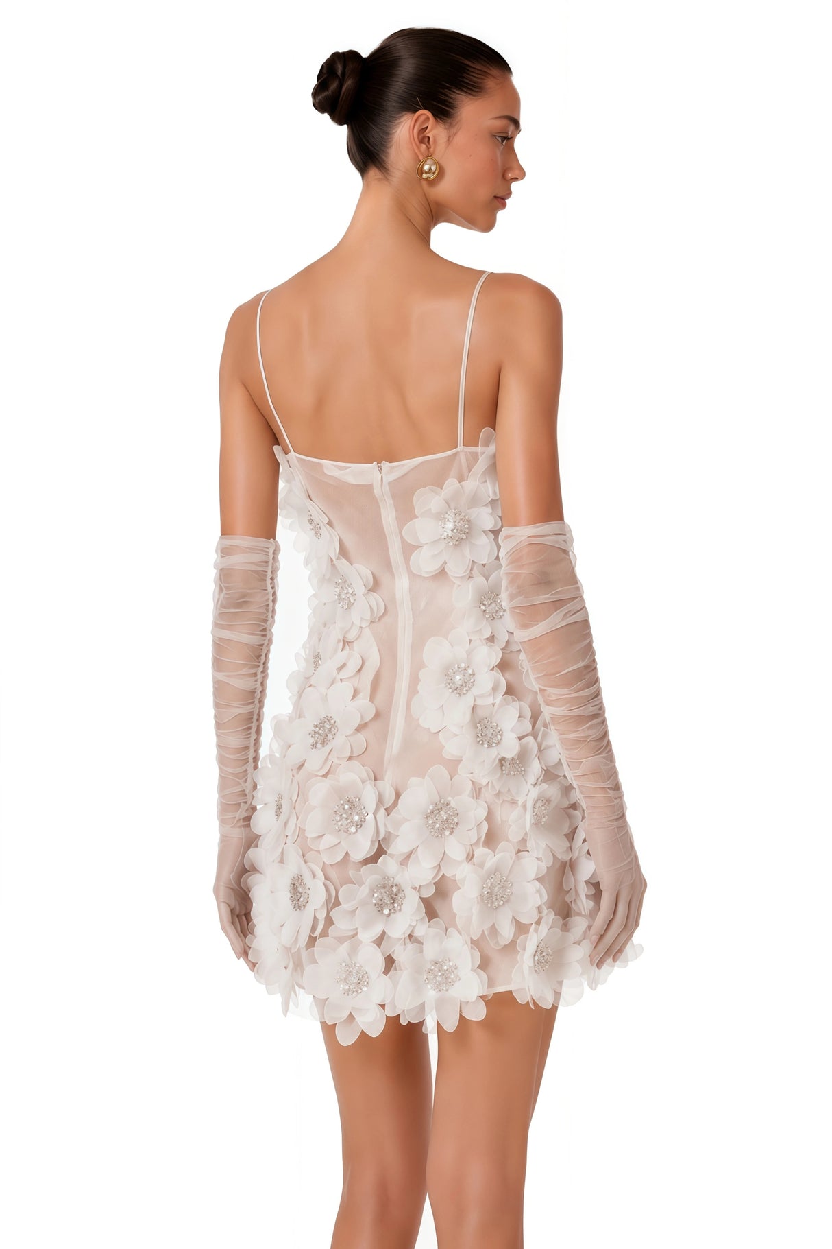 Josephine White Rhinestone Mini Dress with 3D Florals