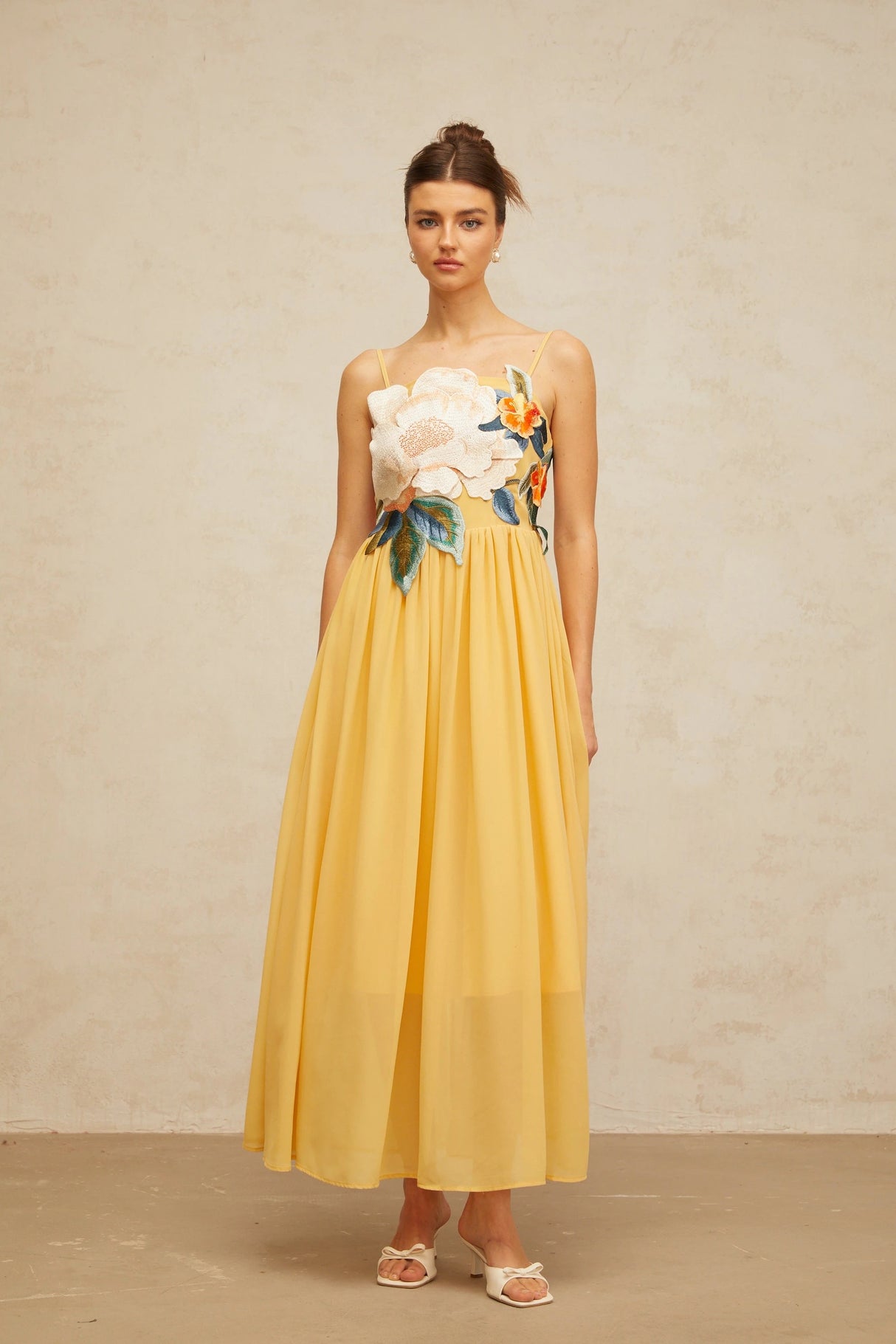 Josette floralembroidered shirred maxi dress in Yellow