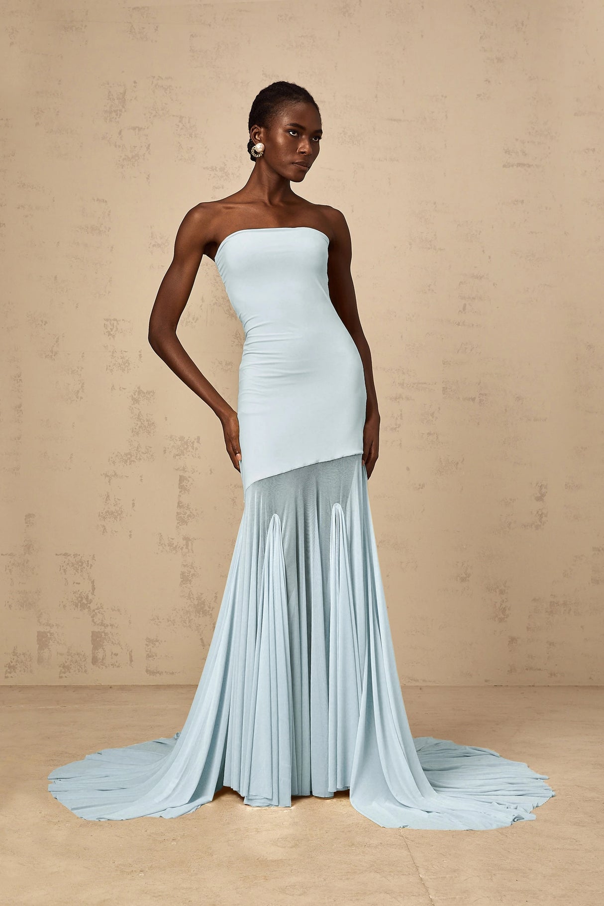 Josiane Blue Offshoulder Sheer Tulle Maxi Dress