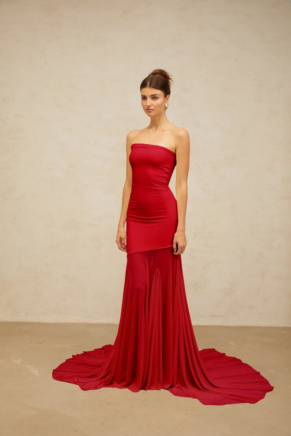 Josiane red offshoulder sheer tulle maxi dress