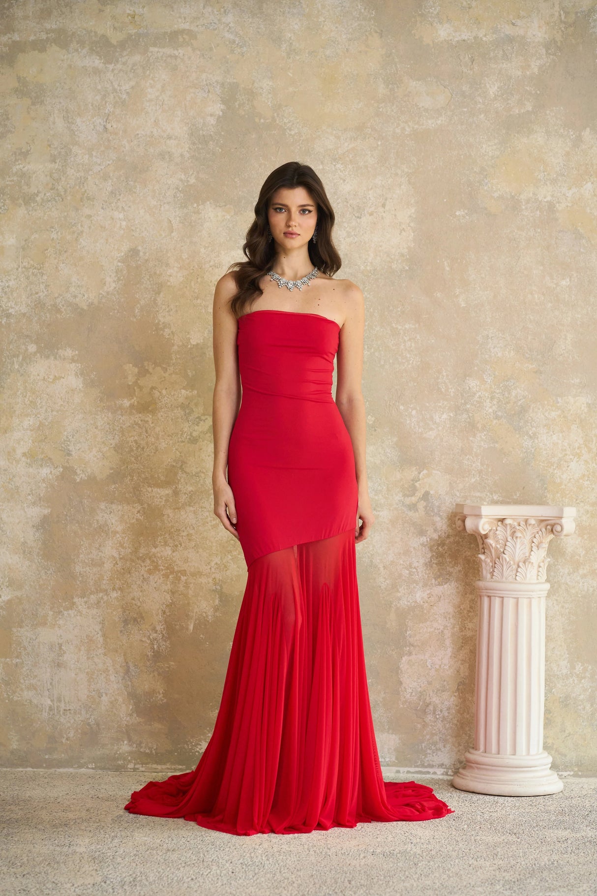 Josiane Red Offshoulder Sheer Tulle Maxi Dress