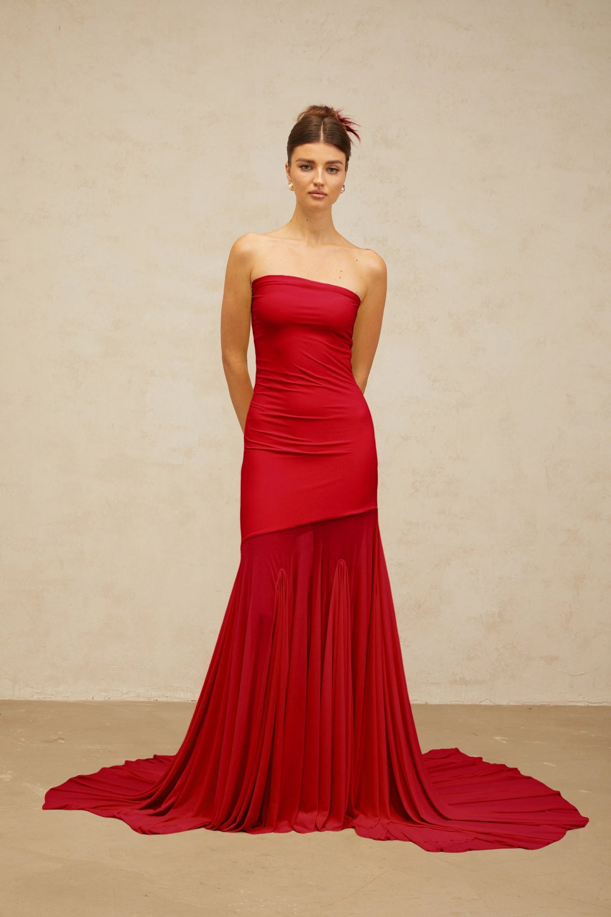 Josiane red offshoulder sheer tulle maxi dress