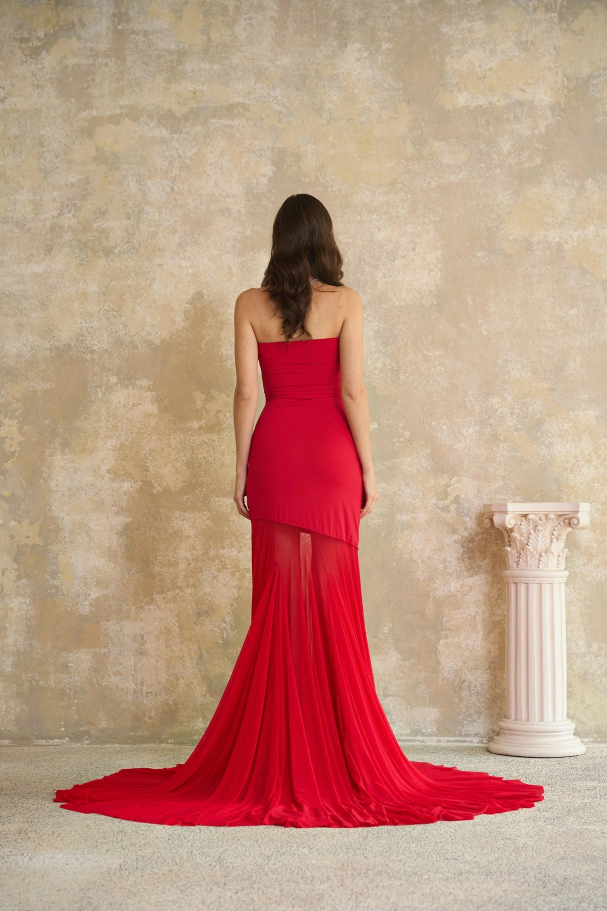 Josiane Red Offshoulder Sheer Tulle Maxi Dress