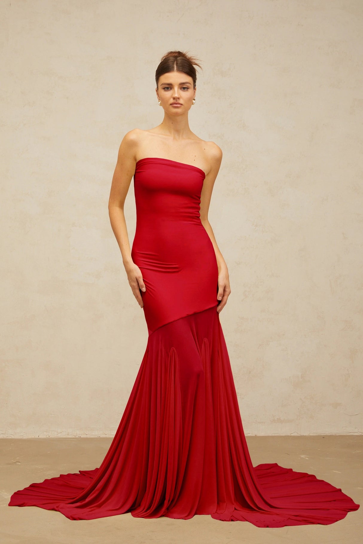Josiane red offshoulder sheer tulle maxi dress