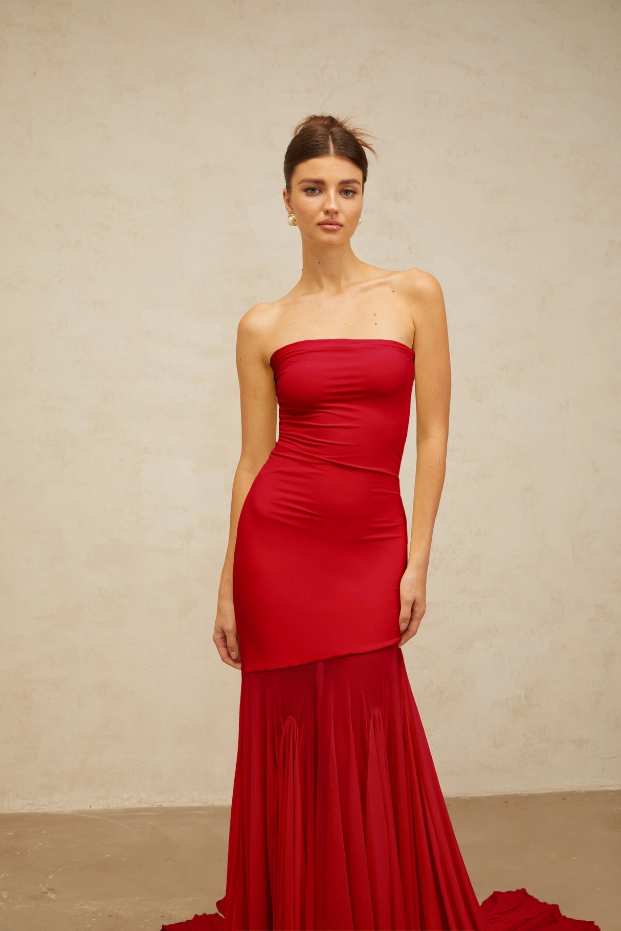 Josiane red offshoulder sheer tulle maxi dress