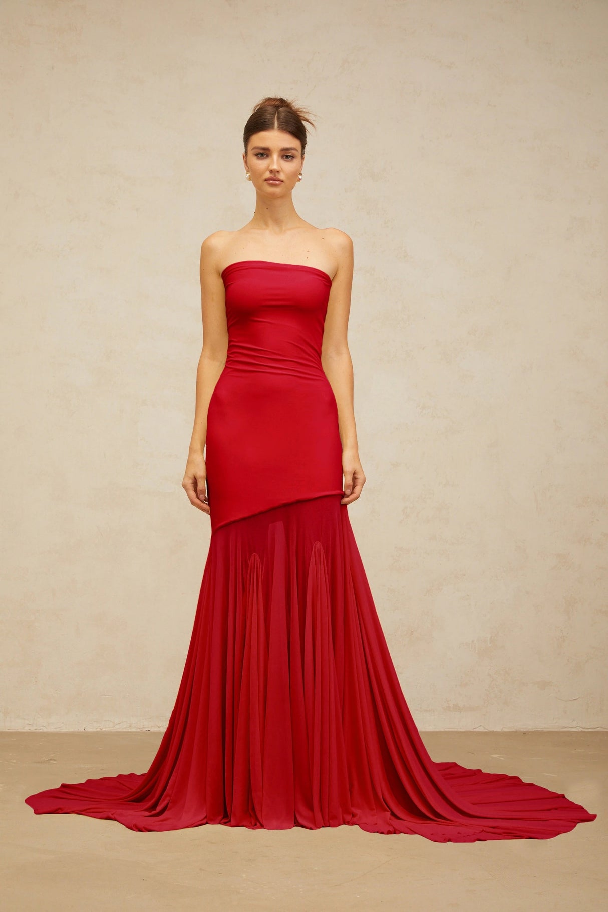 Josiane red offshoulder sheer tulle maxi dress