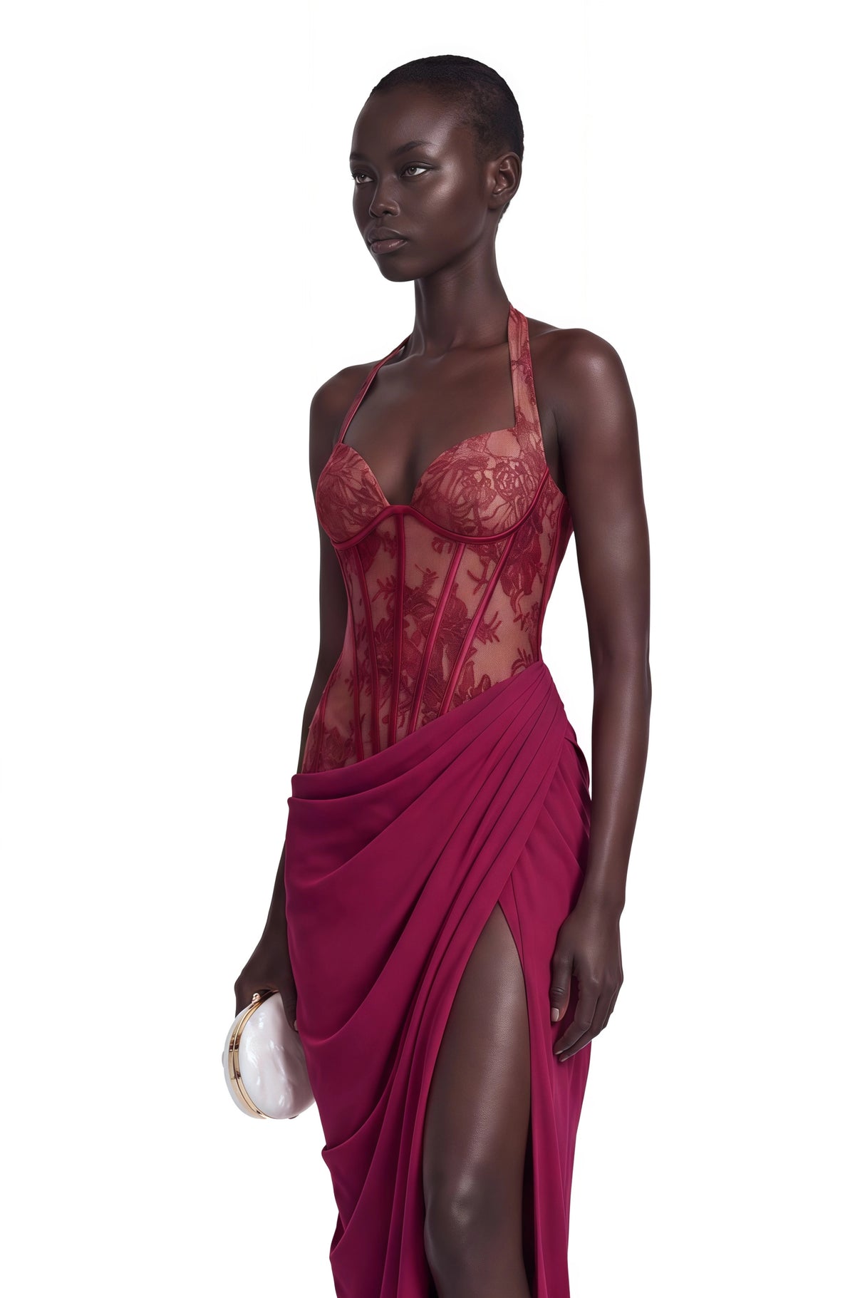 Jovianna Red Halterneck Maxi Dress with Lace Panels