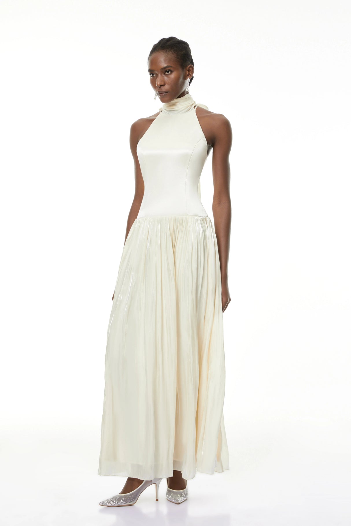 Jovita White Halterneck Pleated Maxi Dress