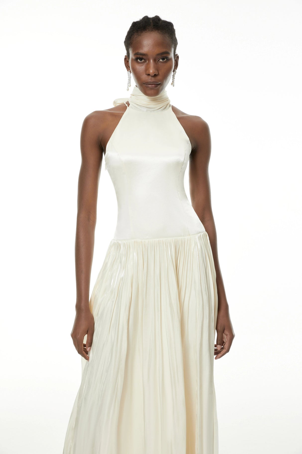 Jovita White Halterneck Pleated Maxi Dress