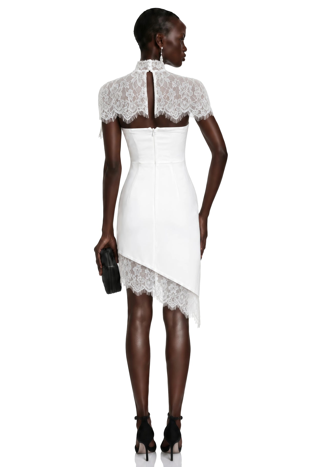 Juliana White Off Shoulder Mini Dress with Asymmetrical Lace Panels