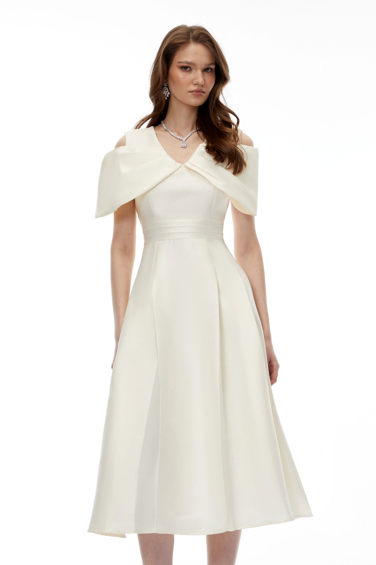 Juniper Champagne VNeck Satin Midi Dress with Bow Detail