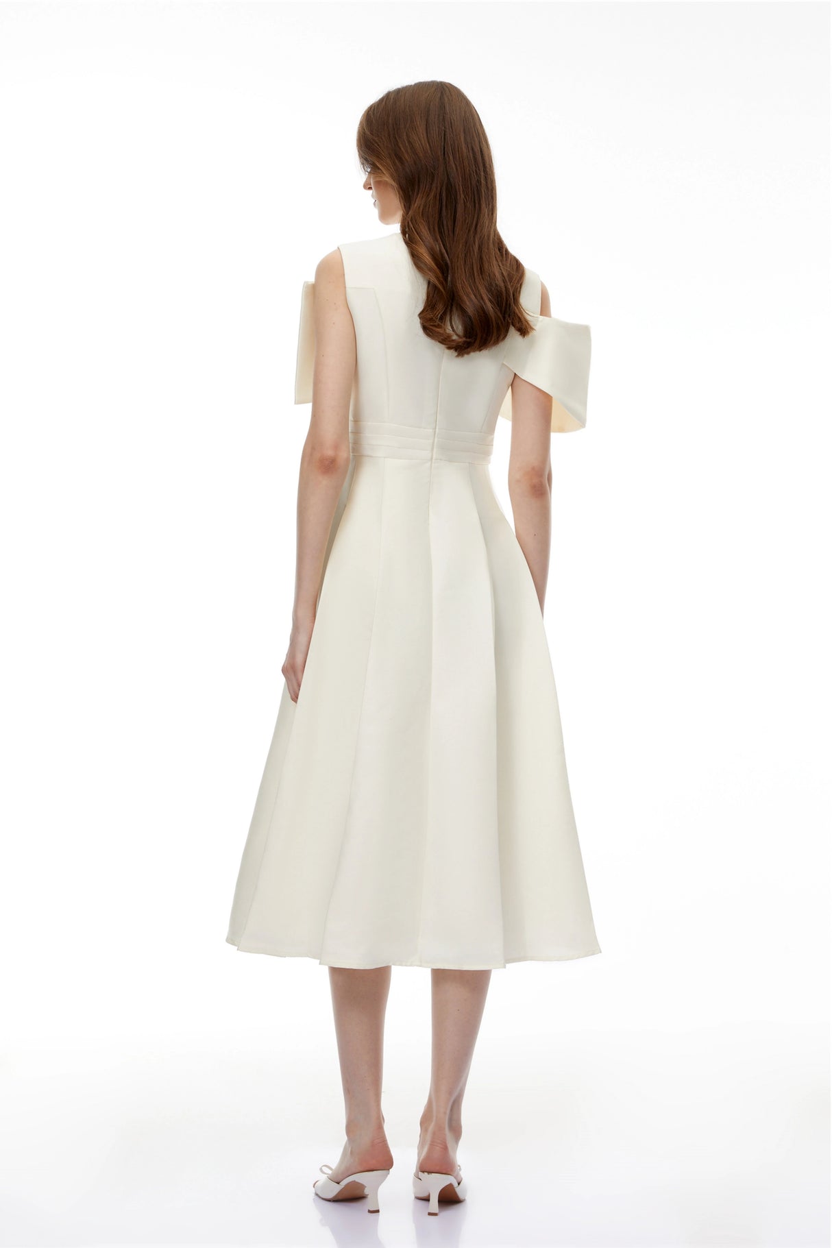 Juniper Champagne VNeck Satin Midi Dress with Bow Detail