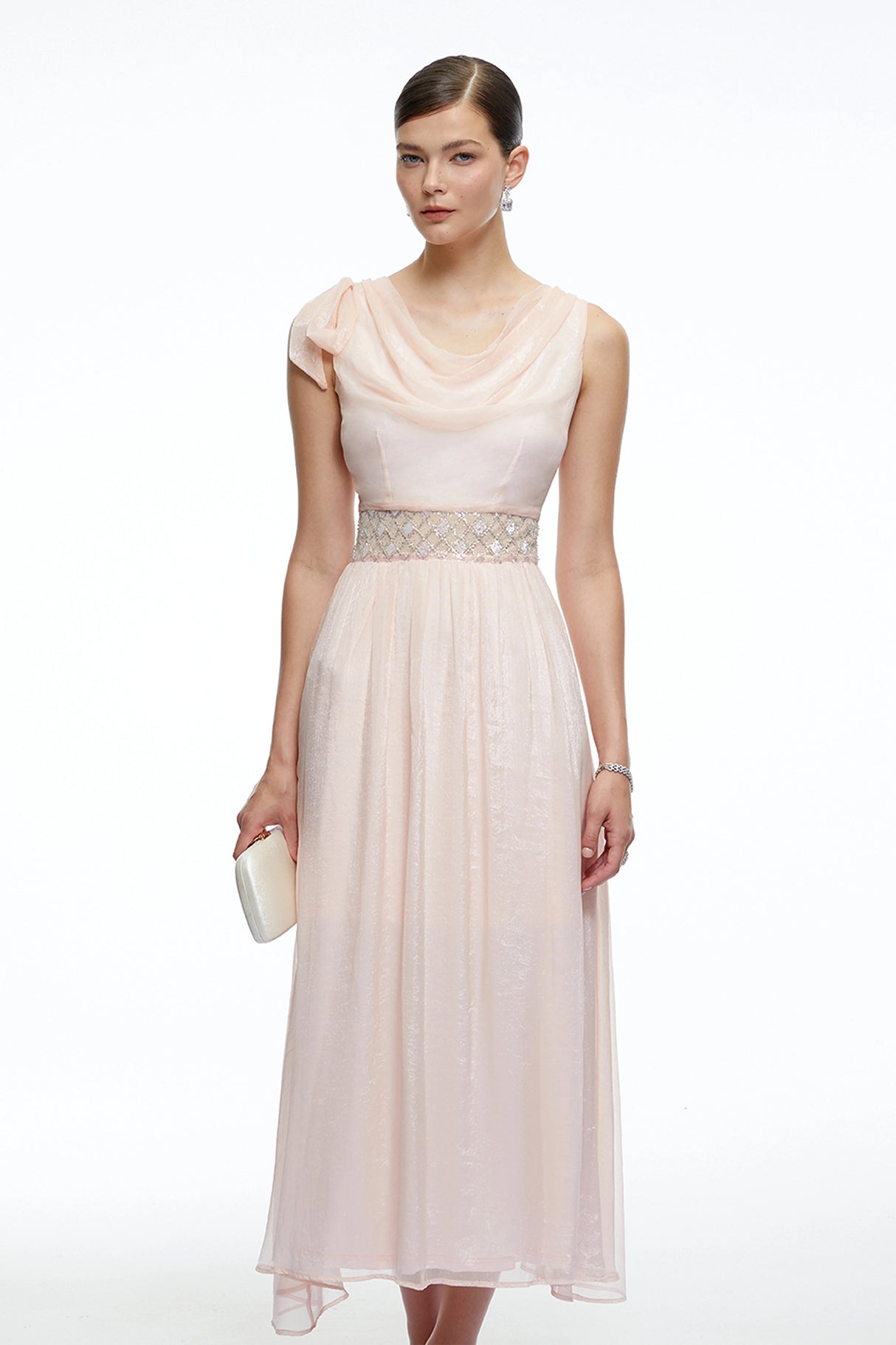 Kaelin Pink Draped Cowl Neck Midi Dress with Bow