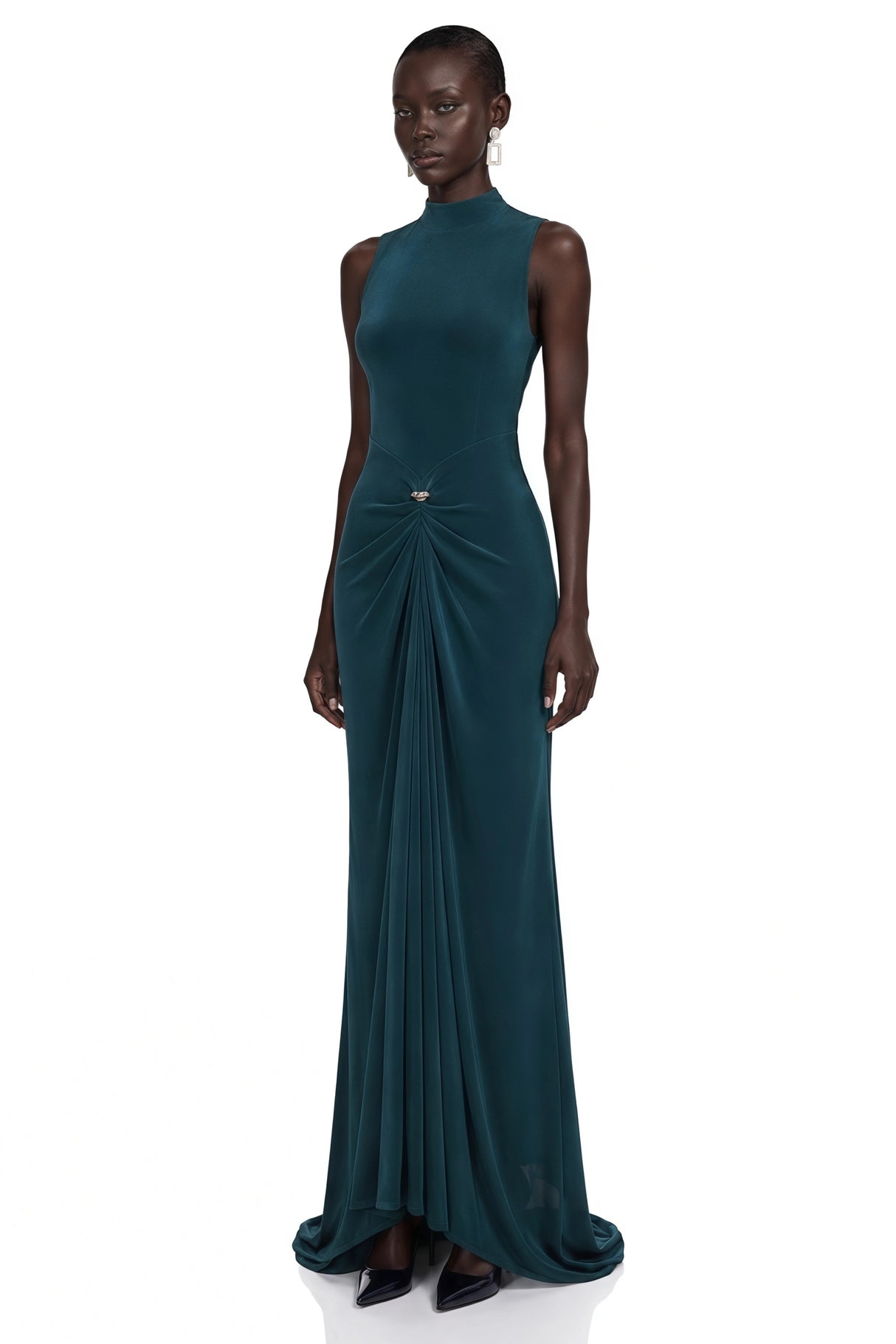 Kamila Dark Green Asymmetrical Ruched Maxi Dress