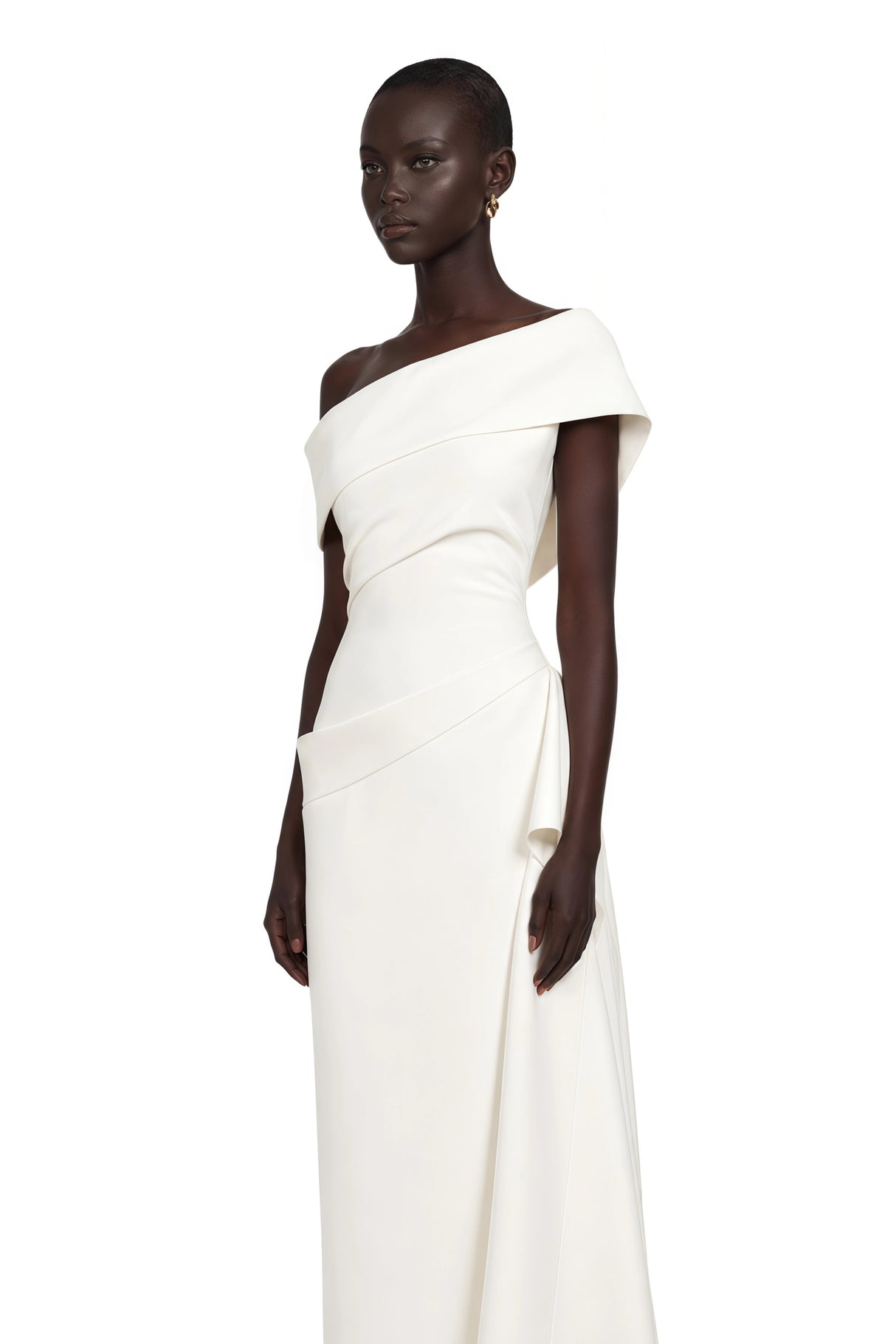 Kare White Asymmetrical Gathered Midi Dress