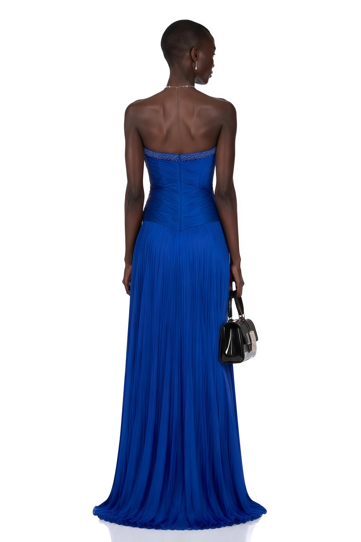 Kassandra Blue Rhinestone Pleated Maxi Dress