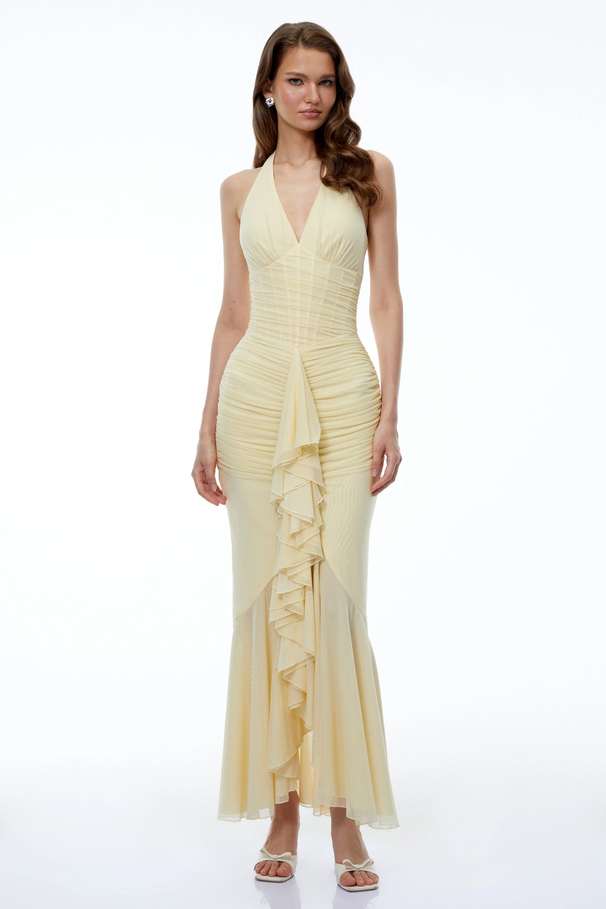 Katarina Butter Yellow Halterneck Ruched Maxi Dress