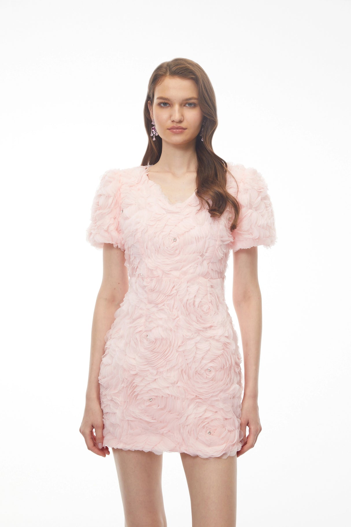 Katarina Pink Puff Sleeve VNeck Mini Dress with 3D Florals