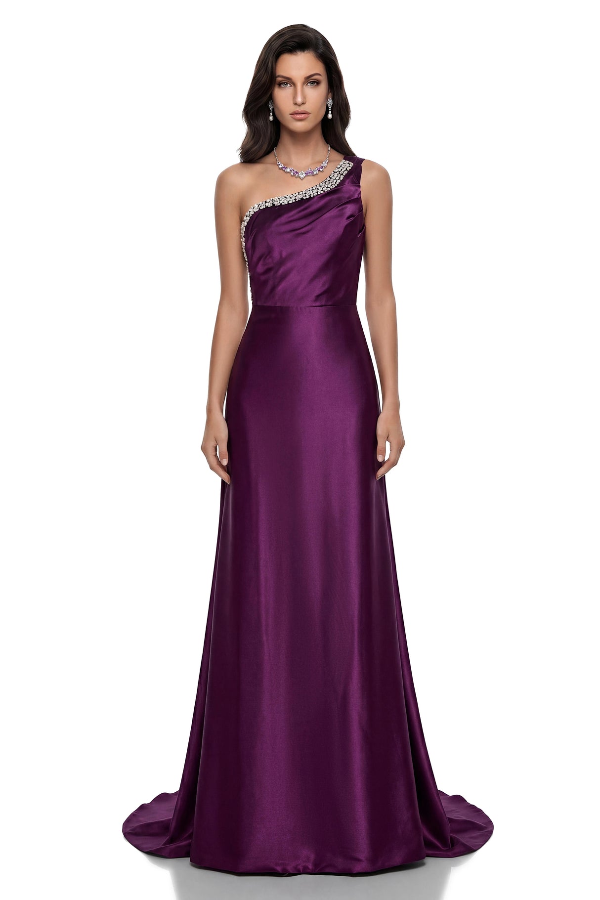 Katayoun Purple Embellished One Shoulder Satin Maxi Dress