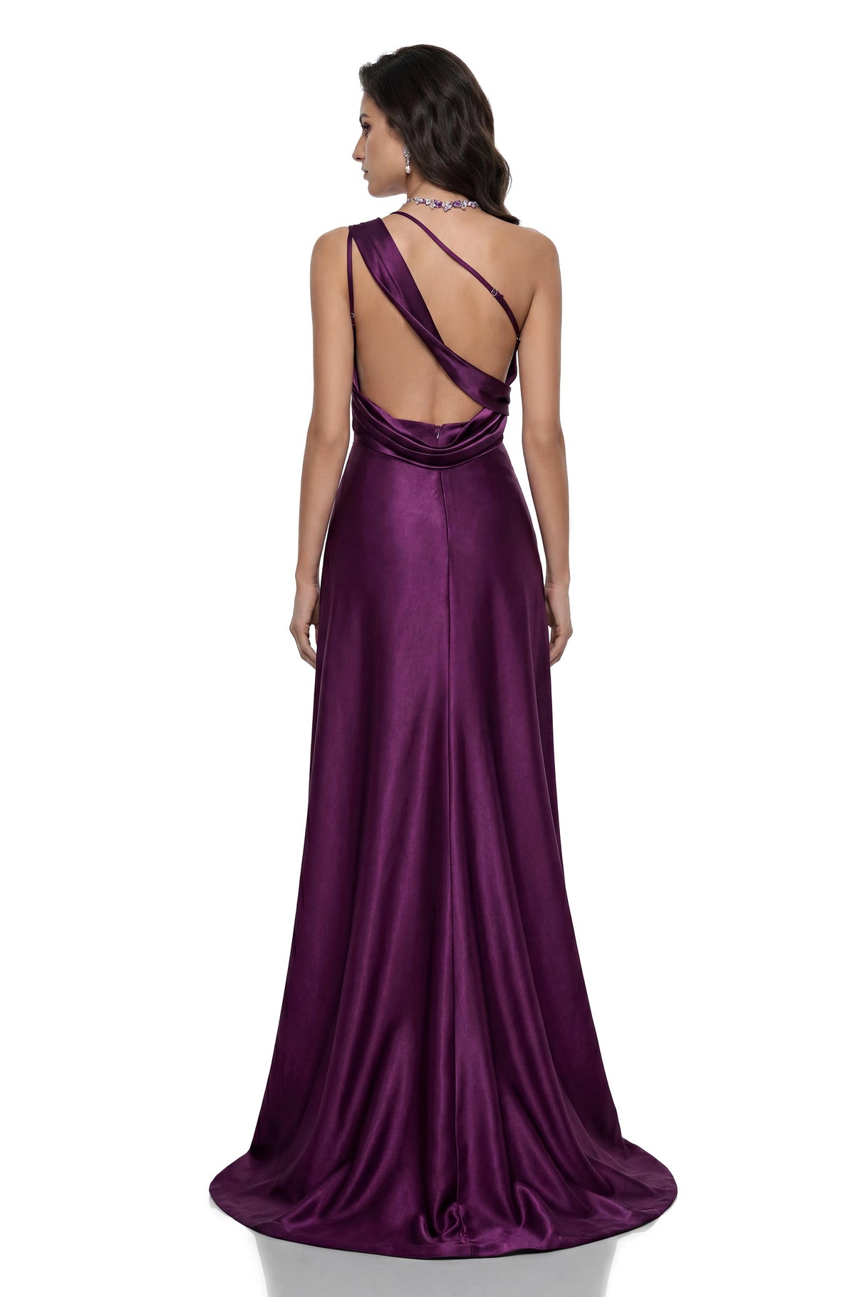 Katayoun Purple Embellished One Shoulder Satin Maxi Dress