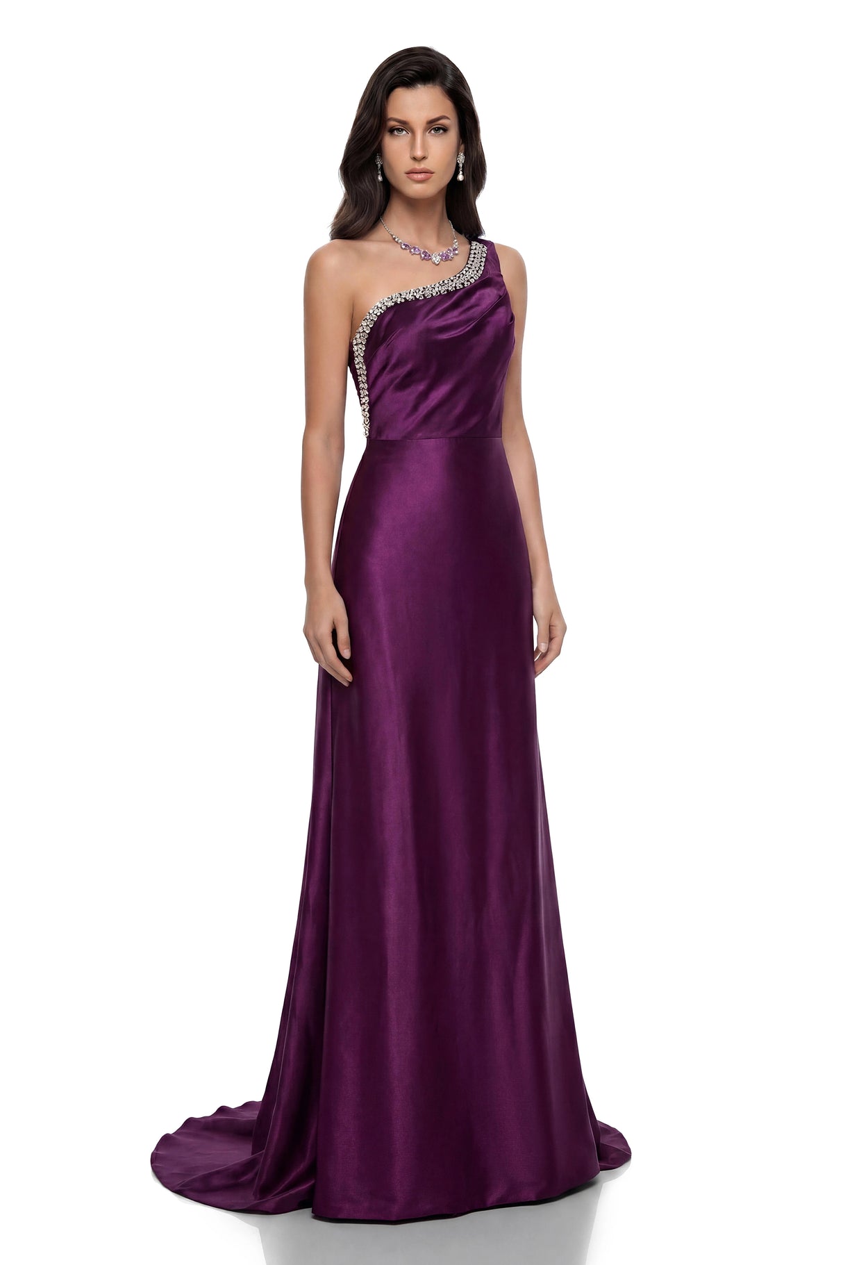 Katayoun Purple Embellished One Shoulder Satin Maxi Dress