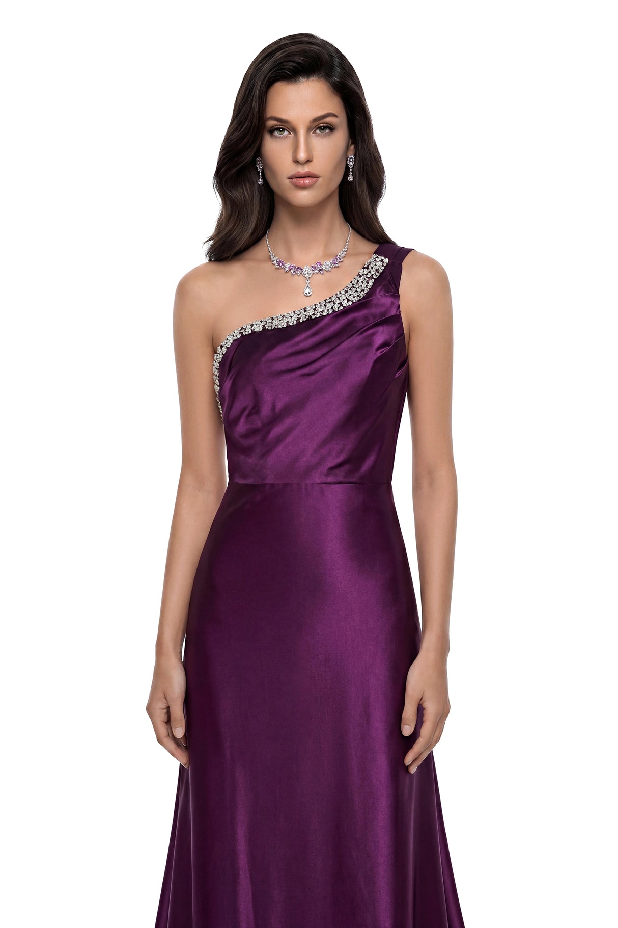 Katayoun Purple Embellished One Shoulder Satin Maxi Dress