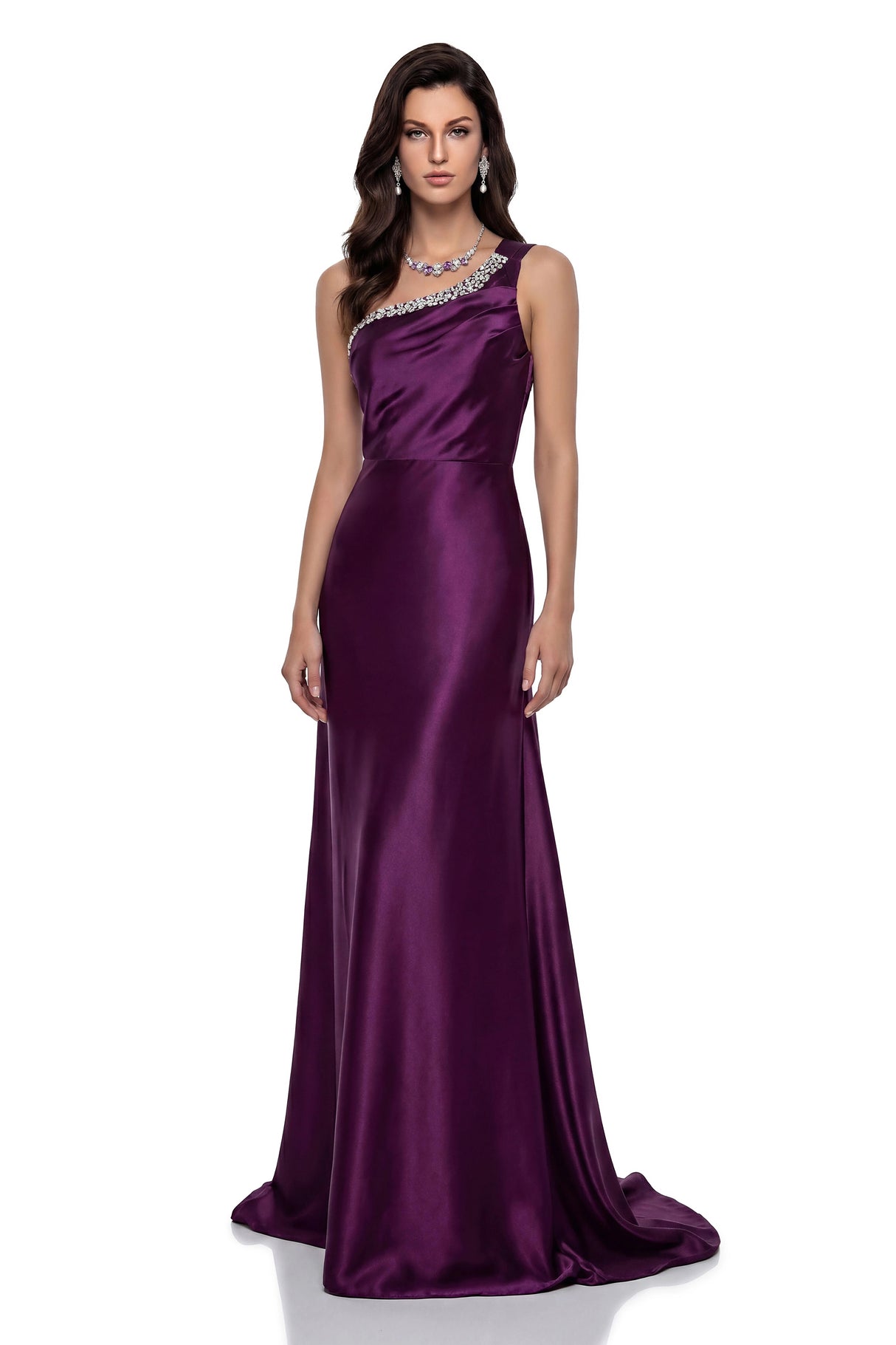 Katayoun Purple Embellished One Shoulder Satin Maxi Dress