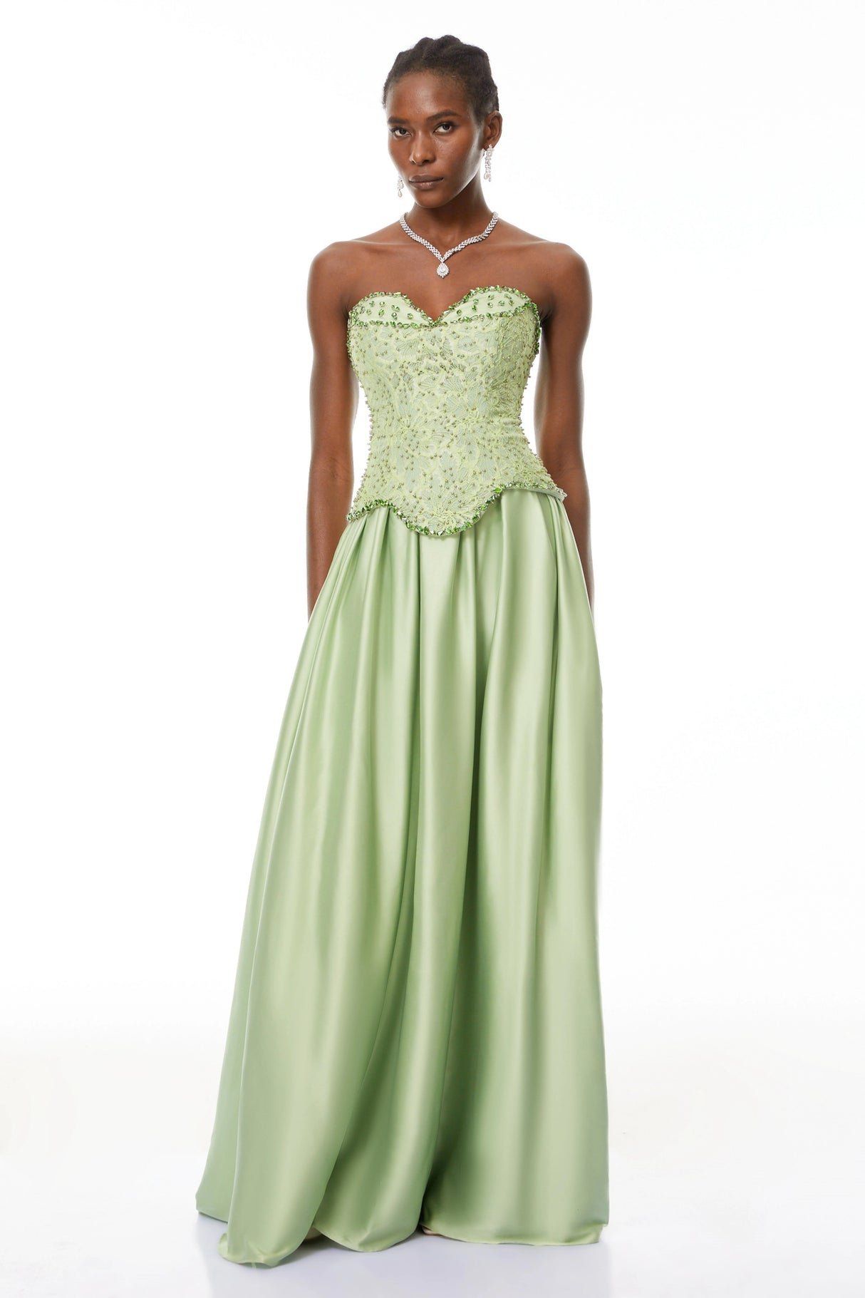 Kathrin Green Embellished Satin Panel Maxi Dress