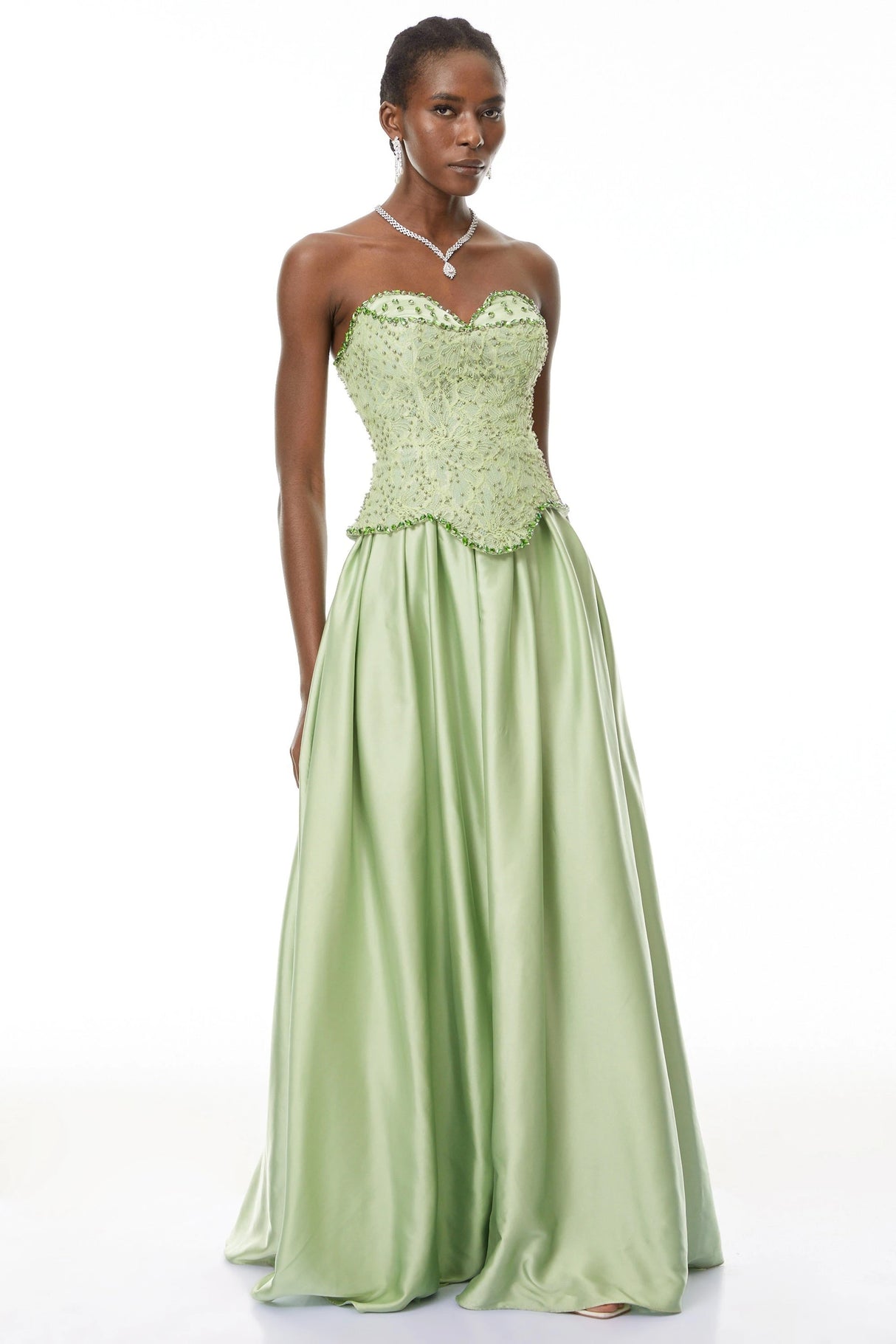 Kathrin Green Embellished Satin Panel Maxi Dress
