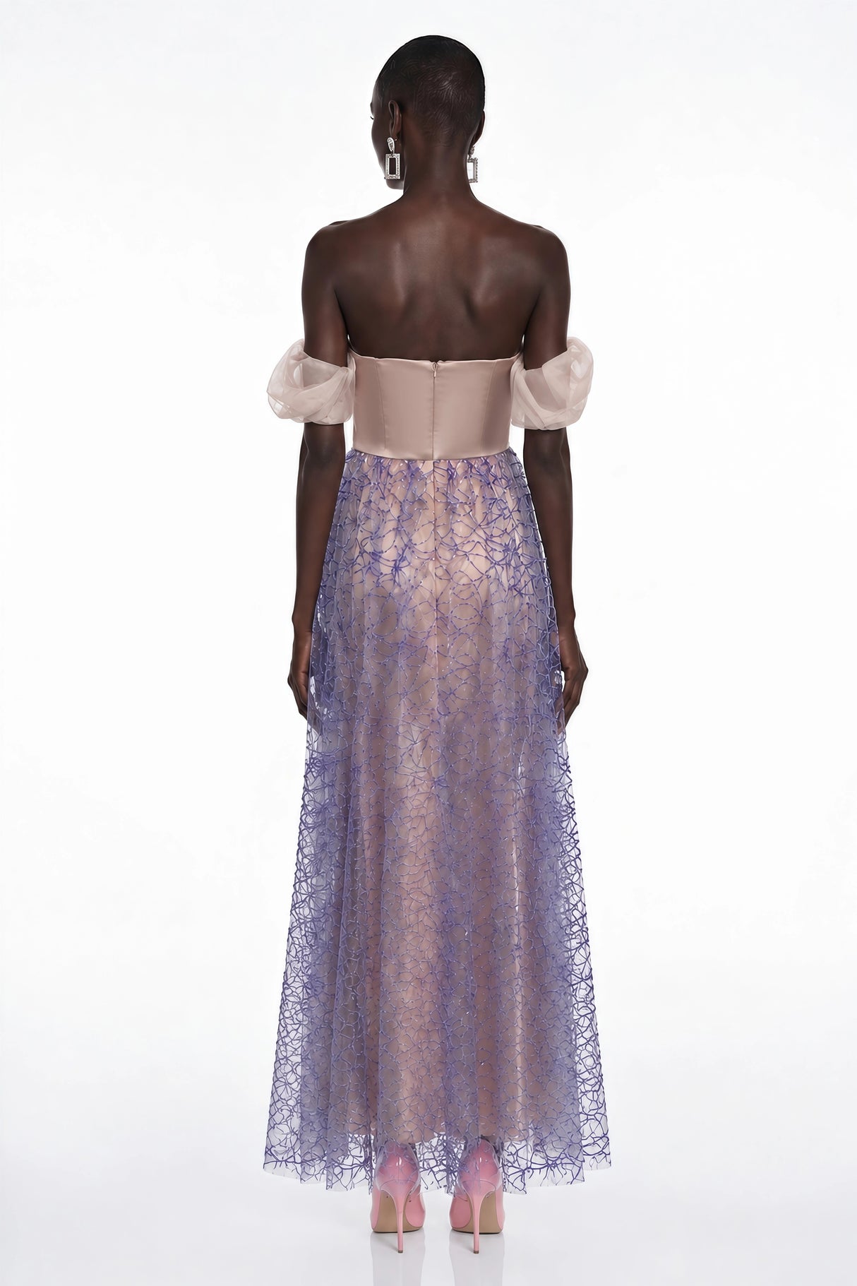 Kepler Purple Sequin Ruched Maxi Dress with Puff Sleeves