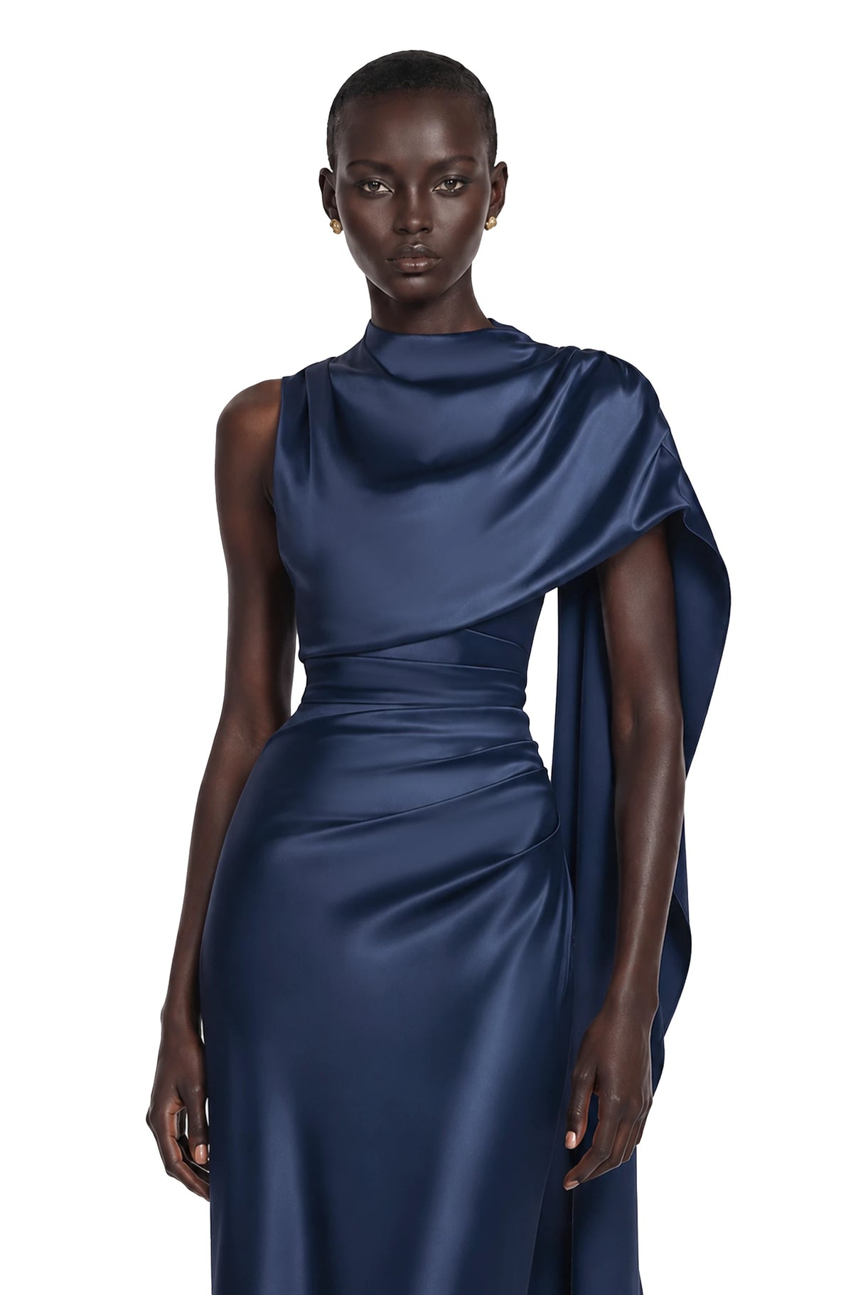 Kerttu Navy Blue Ruched Maxi Dress with Asymmetrical Sleeves