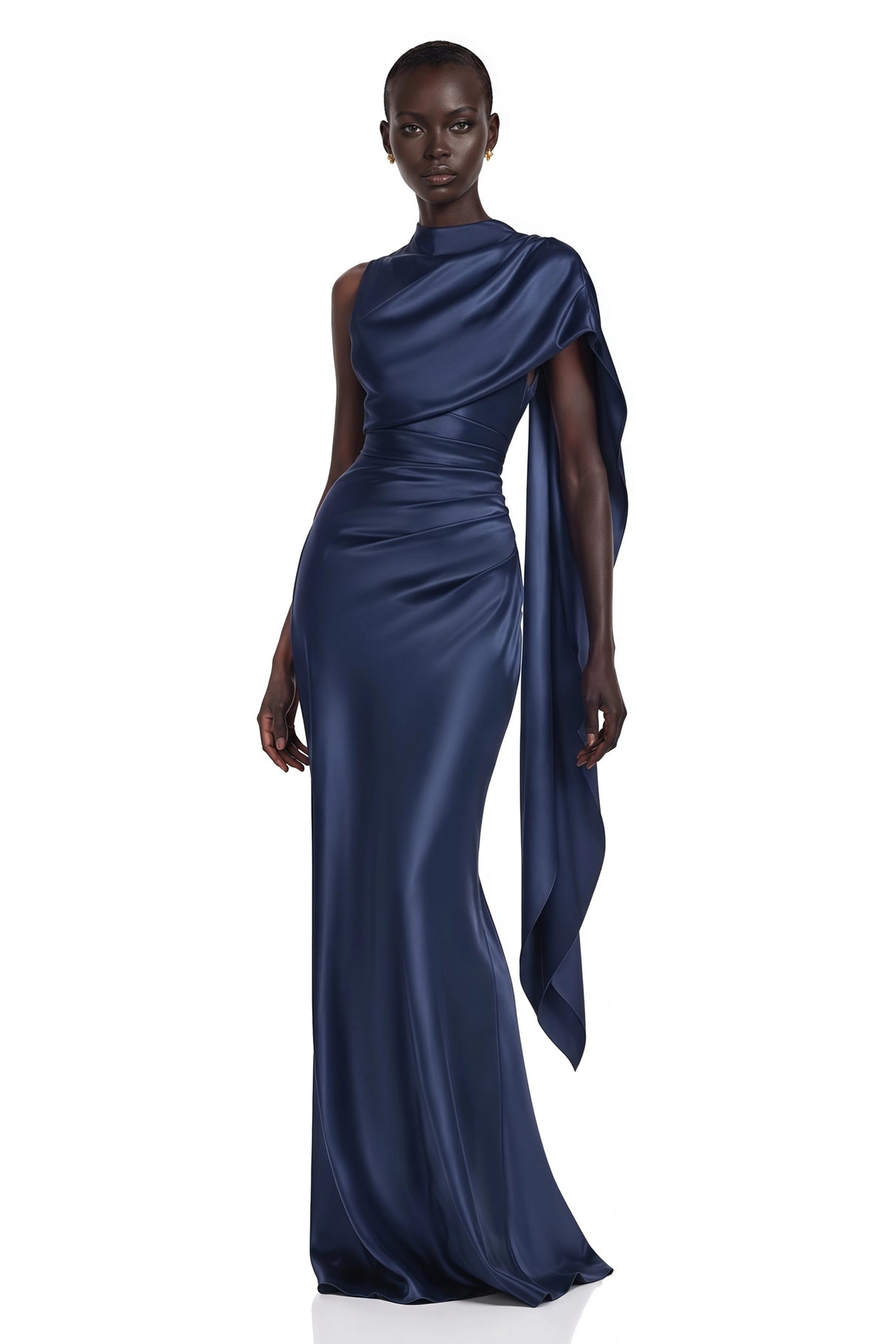 Kerttu Navy Blue Ruched Maxi Dress with Asymmetrical Sleeves
