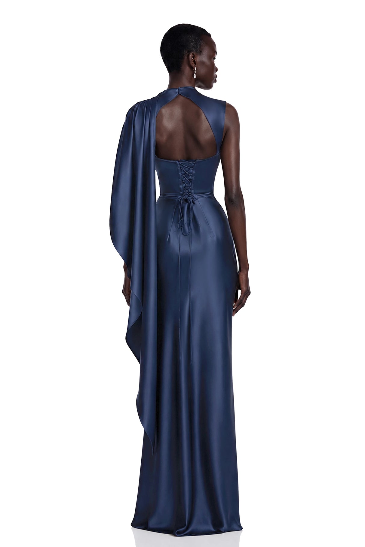 Kerttu Navy Blue Ruched Maxi Dress with Asymmetrical Sleeves