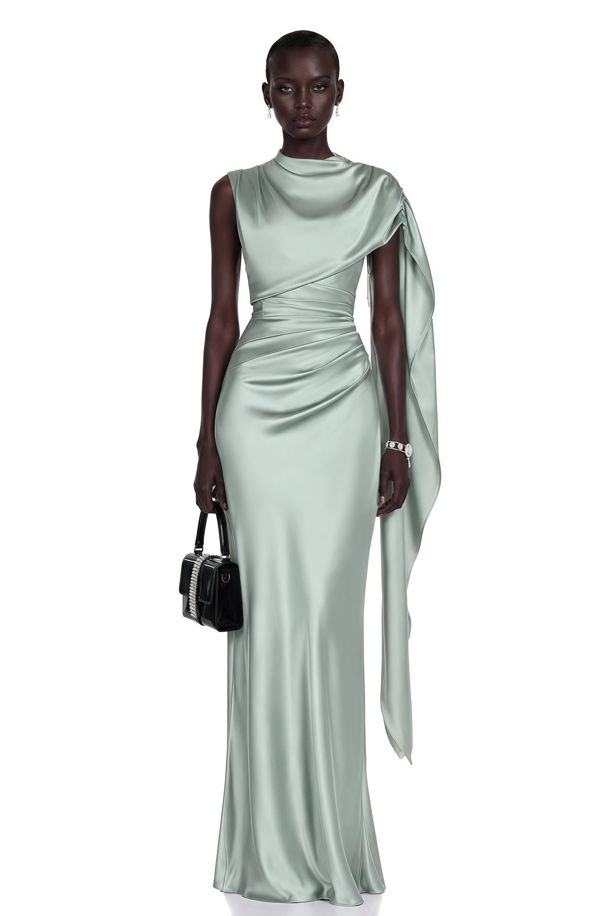 Kerttu Sage Green Ruched Maxi Dress with Asymmetrical Sleeves