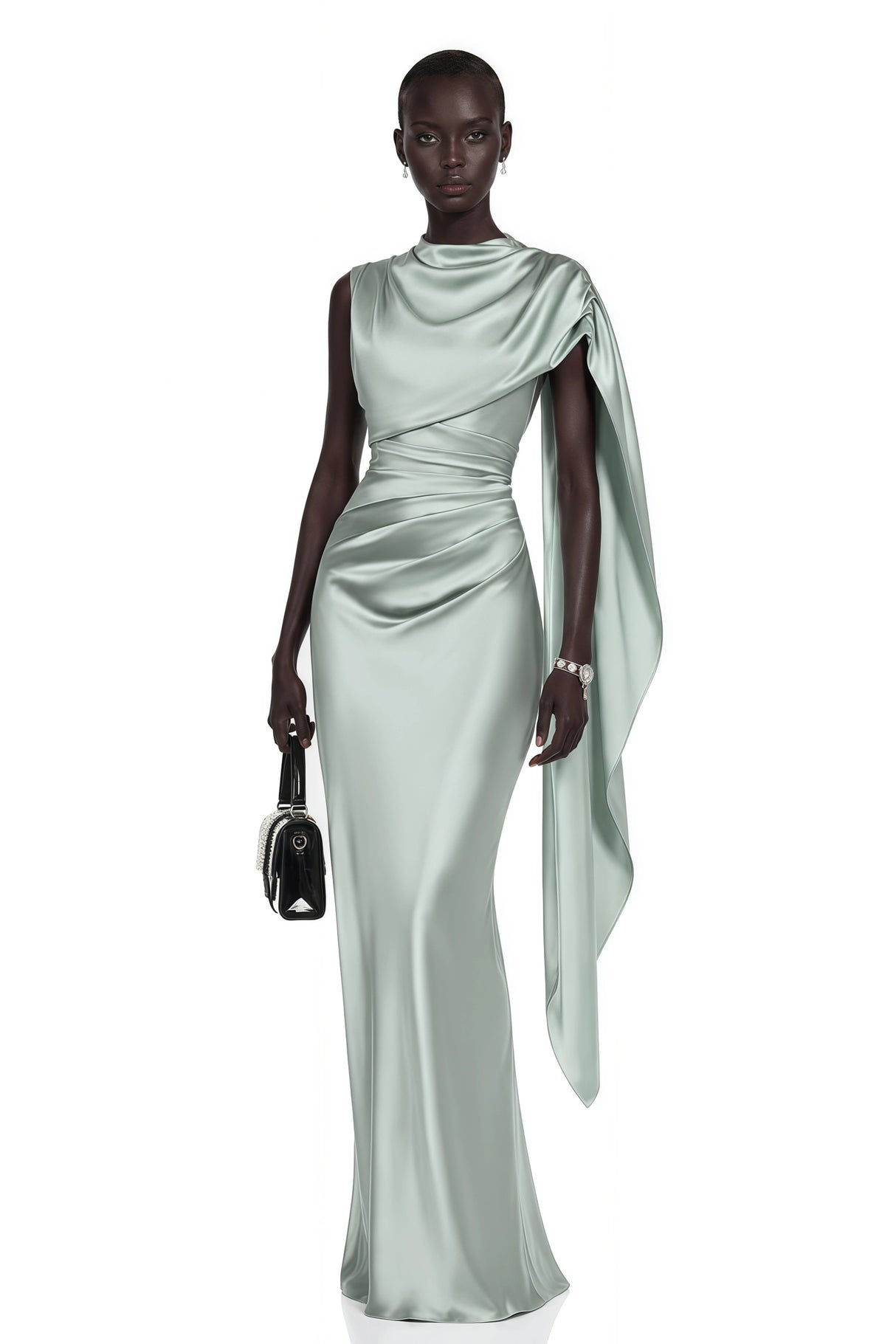 Kerttu Sage Green Ruched Maxi Dress with Asymmetrical Sleeves