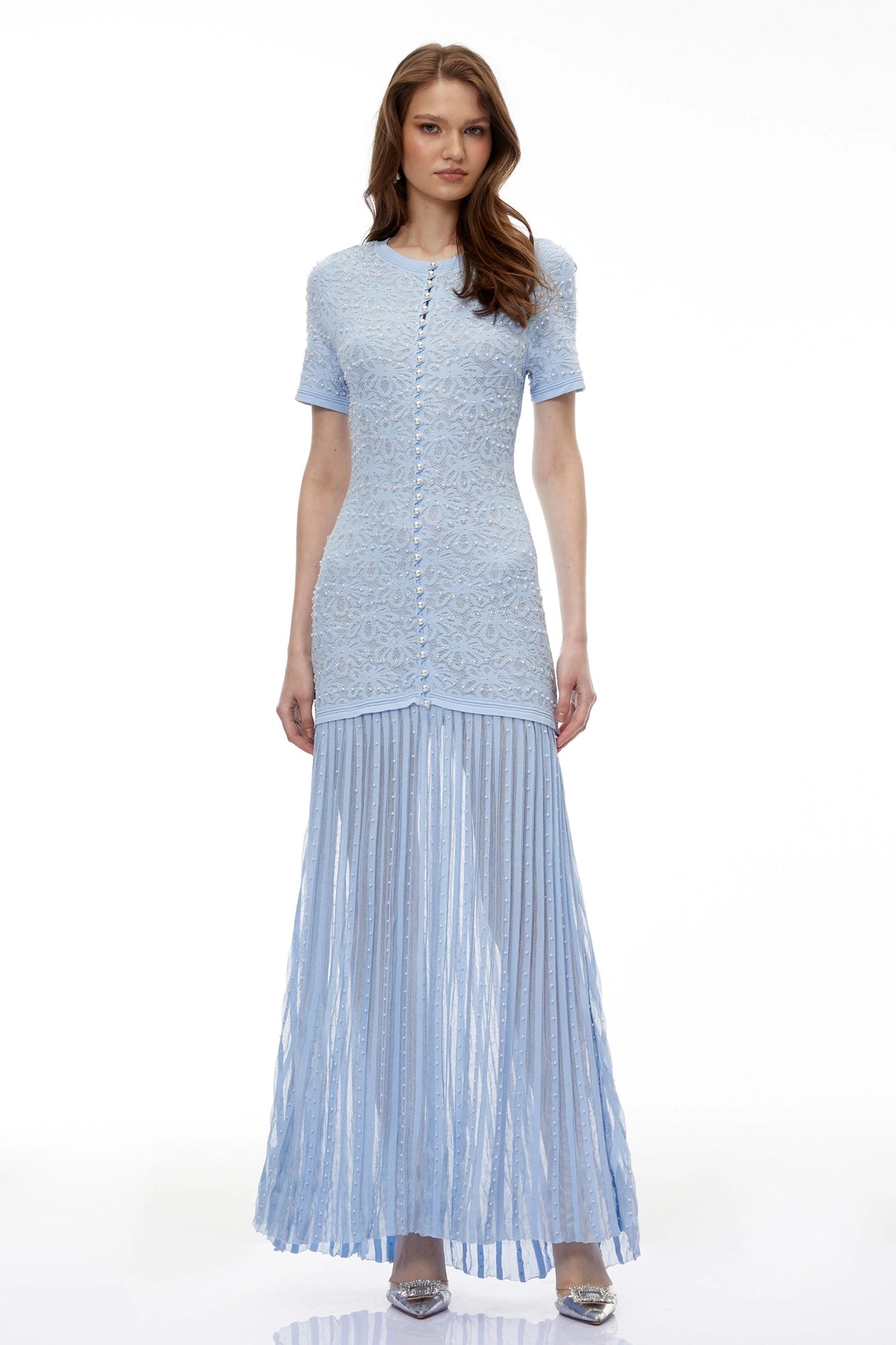 Laleh Blue Embellished Pleated Maxi Dress