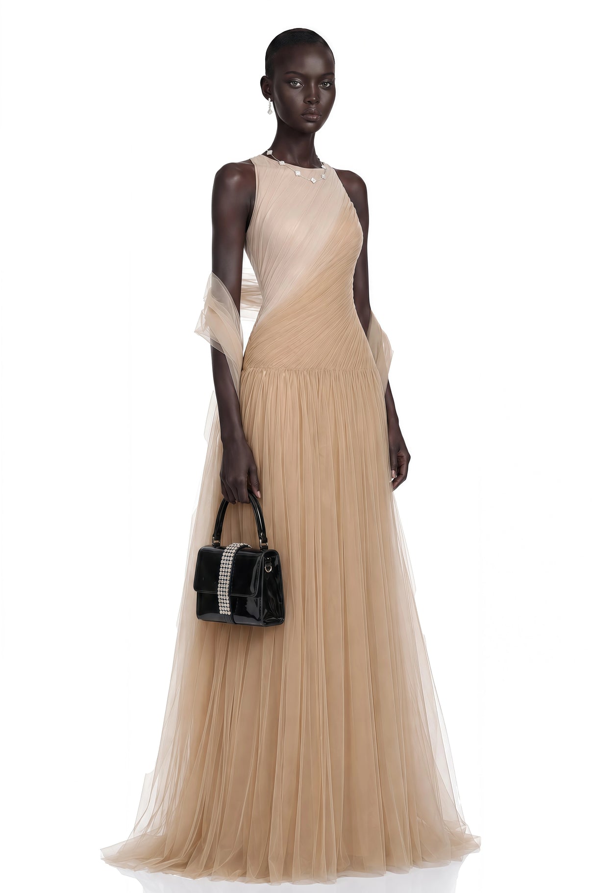 Larissa Champagne Sleeveless Maxi Dress with Mesh Panels Without Shawl