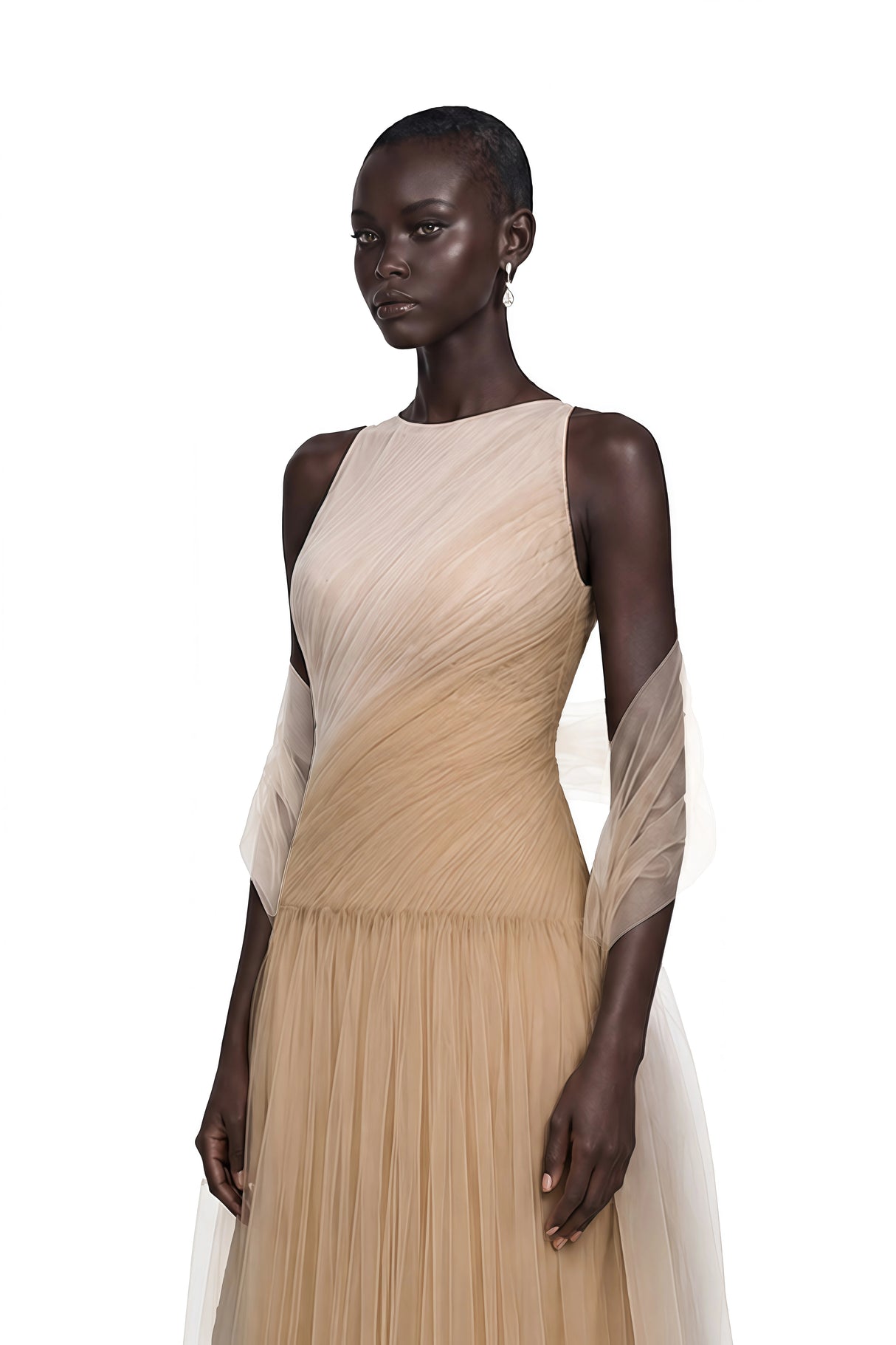 Larissa Champagne Sleeveless Maxi Dress with Mesh Panels Without Shawl
