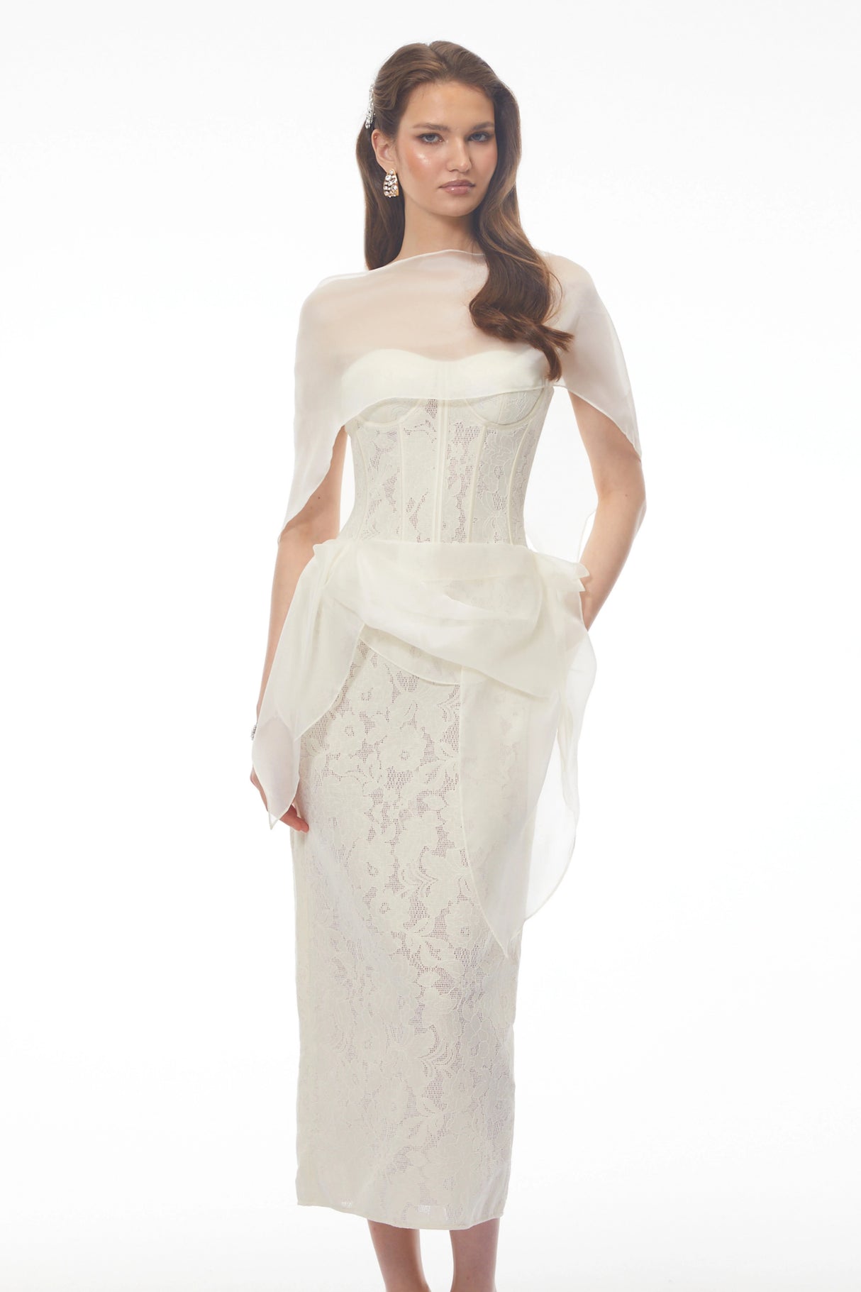 Larissa White Off Shoulder Floral Lace Midi Dress